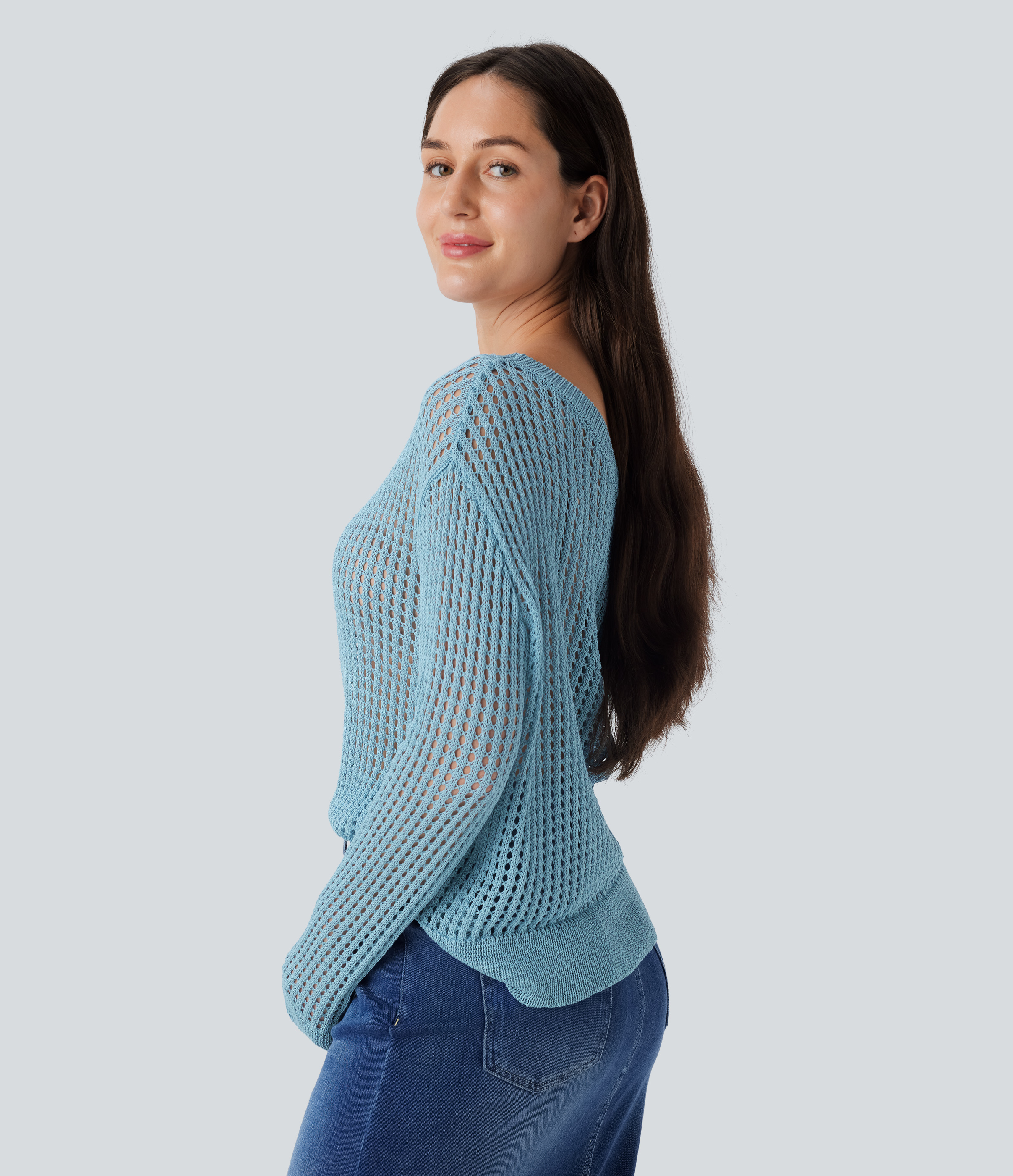 Halara One Shoulder Long Sleeve Cut Out Casual Sweater  - Rainy Sky Blue - XS 
