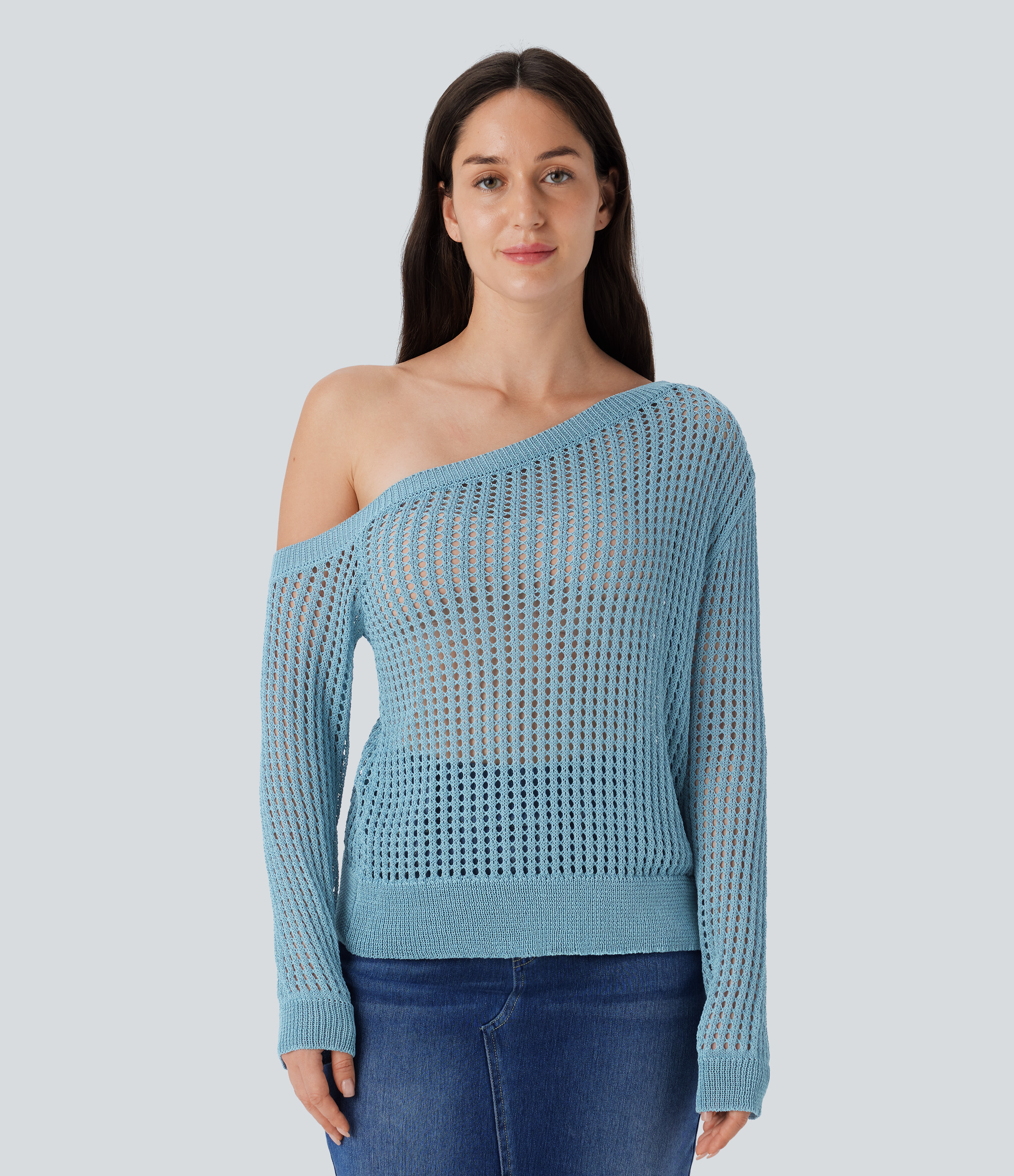Halara One Shoulder Long Sleeve Cut Out Casual Sweater  - Rainy Sky Blue - XS 