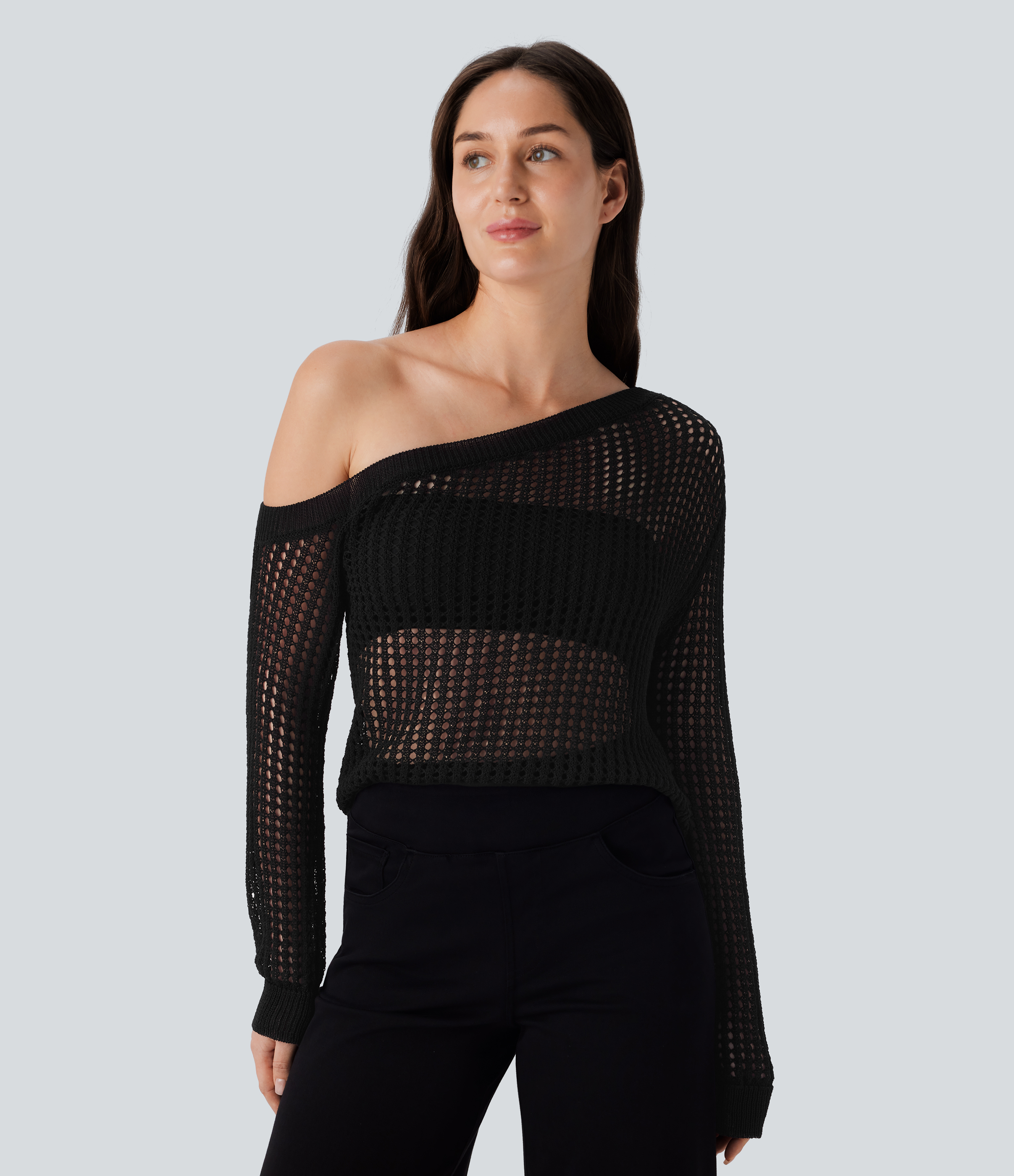 Halara One Shoulder Long Sleeve Cut Out Casual Sweater  - Black - XS 