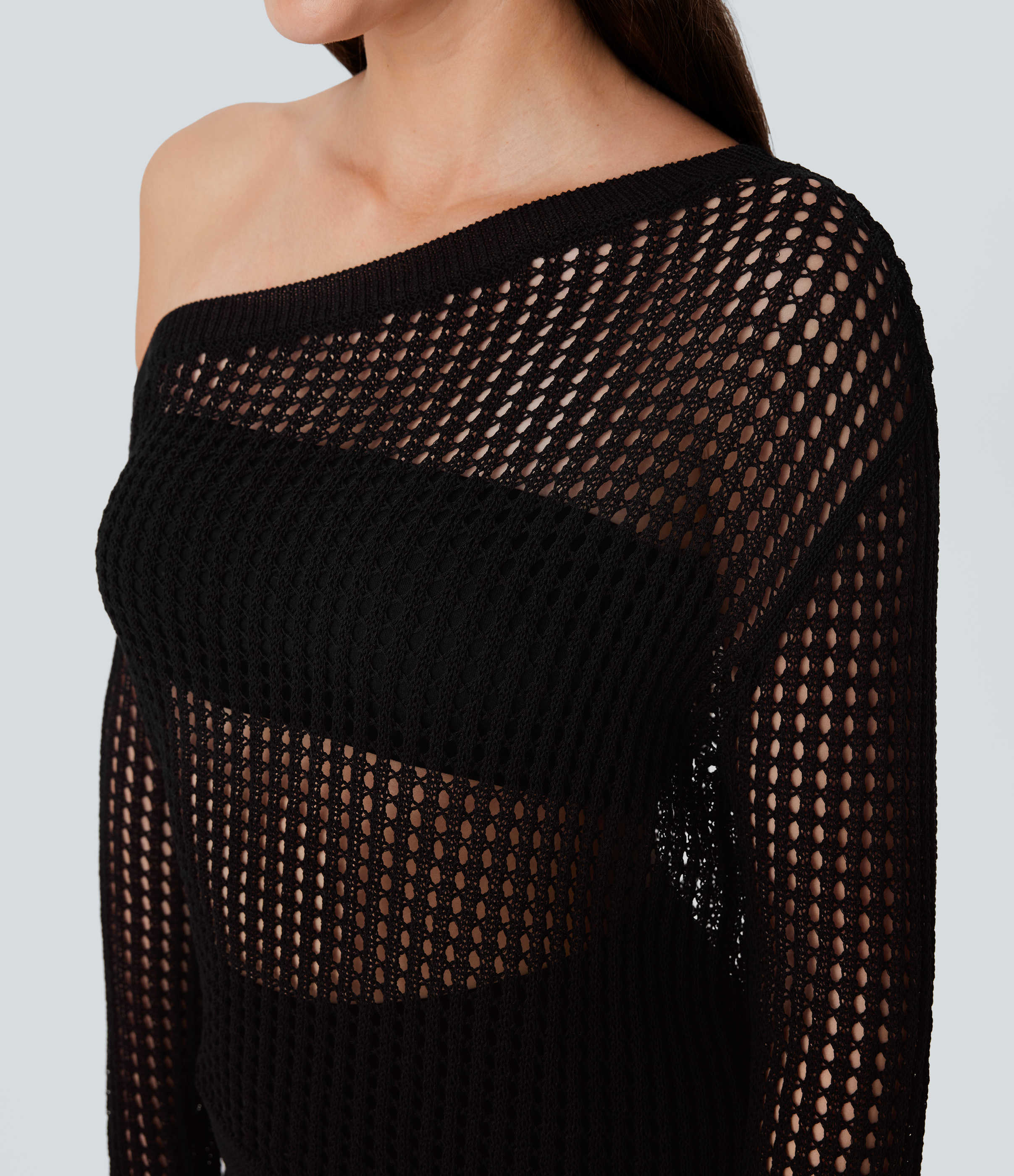 Halara One Shoulder Long Sleeve Cut Out Casual Sweater  - Black - XS 
