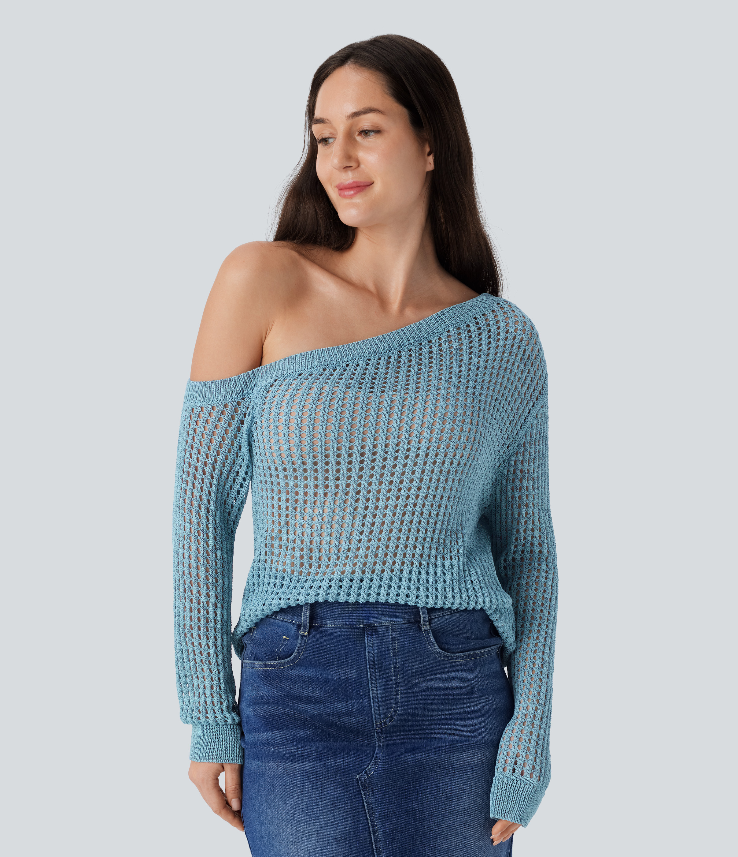 Halara One Shoulder Long Sleeve Cut Out Casual Sweater  - Rainy Sky Blue - XS 