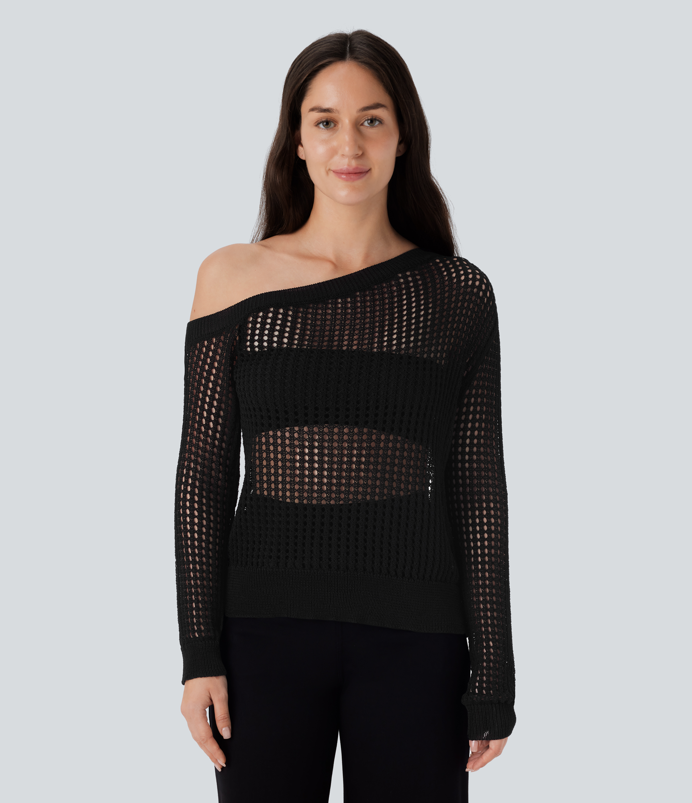 Halara One Shoulder Long Sleeve Cut Out Casual Sweater  - Black - XS 