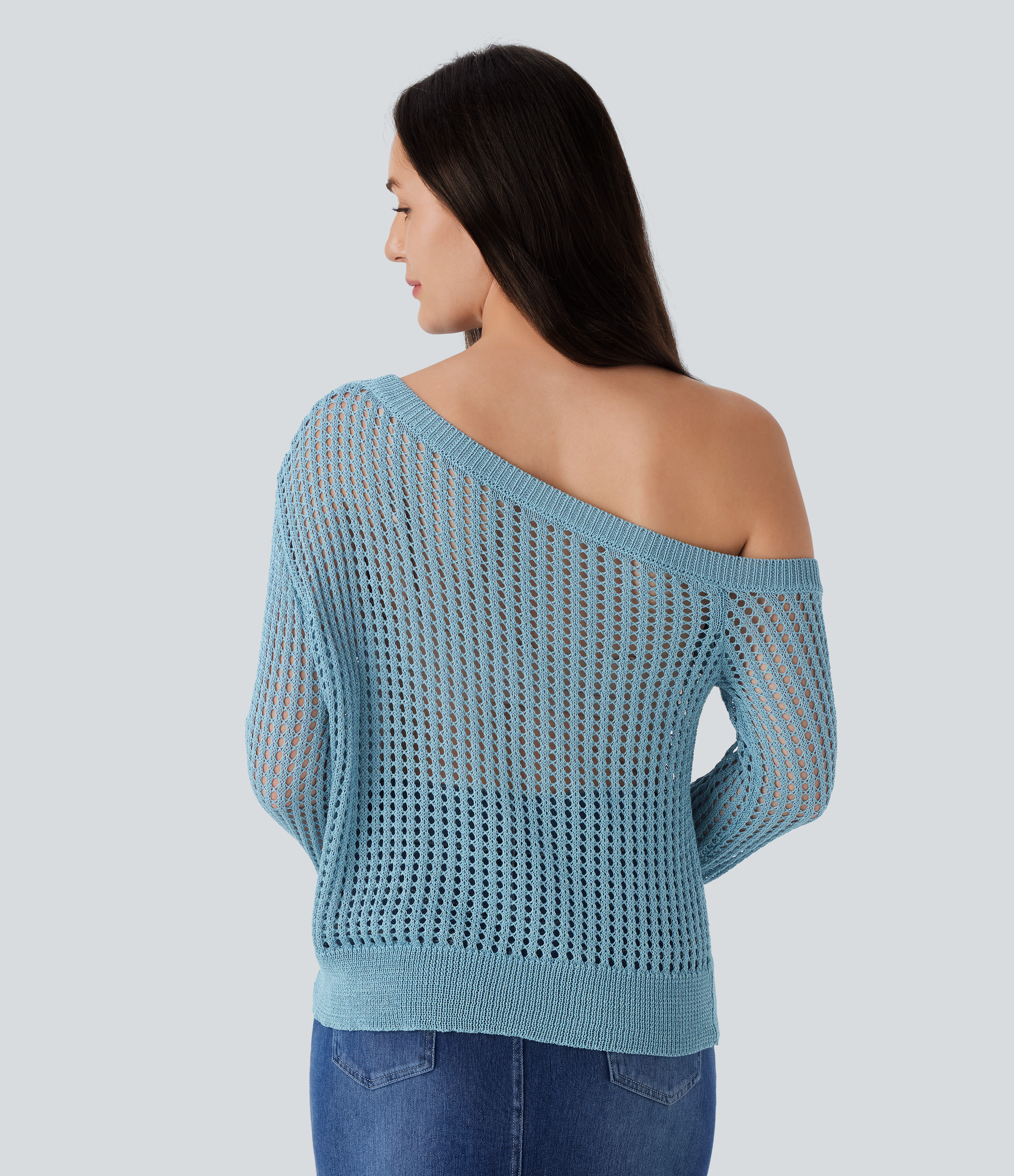 Halara One Shoulder Long Sleeve Cut Out Casual Sweater  - Rainy Sky Blue - XS 