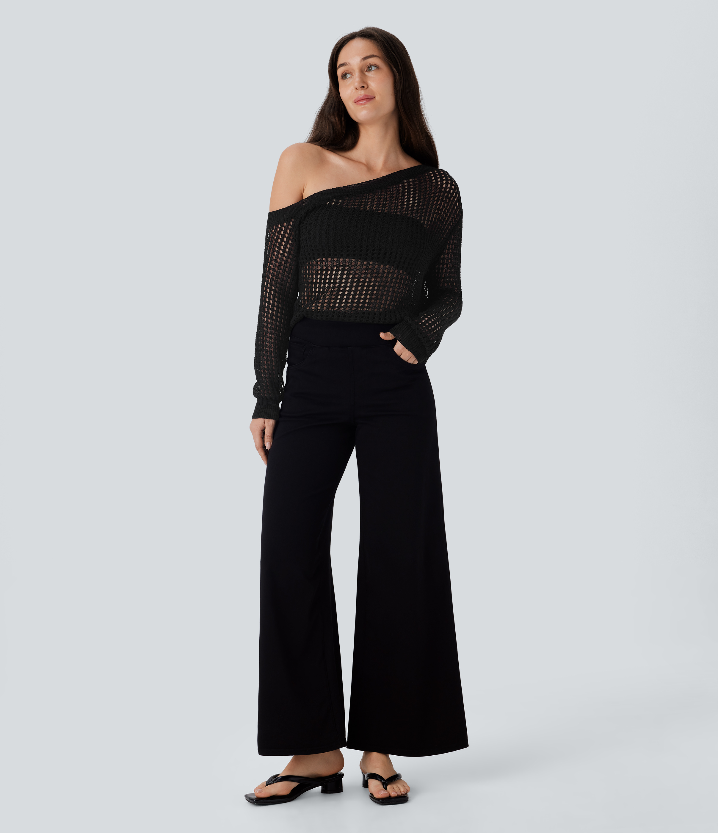 Halara One Shoulder Long Sleeve Cut Out Casual Sweater  - Black - XS 