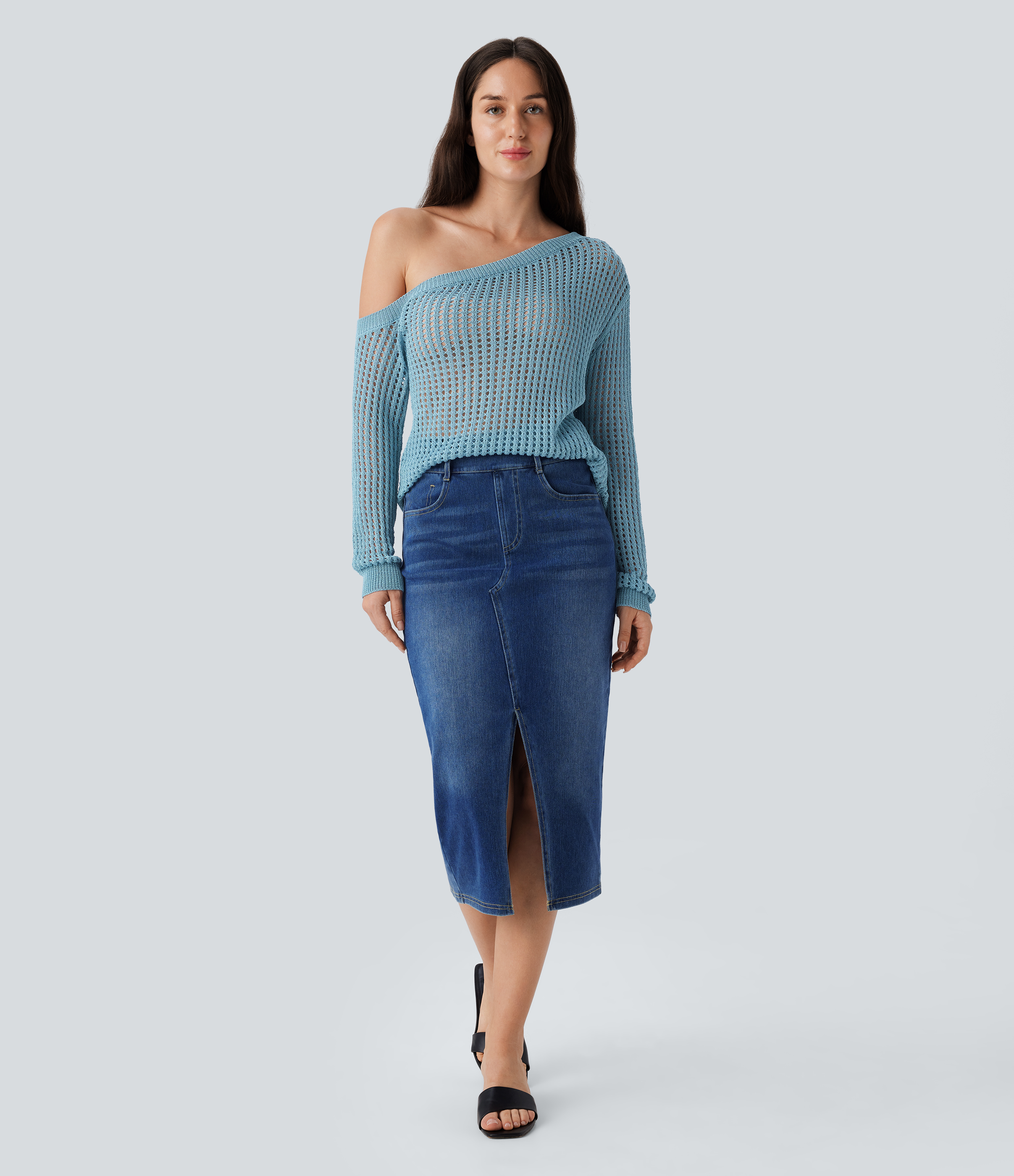 Halara One Shoulder Long Sleeve Cut Out Casual Sweater  - Rainy Sky Blue - XS 