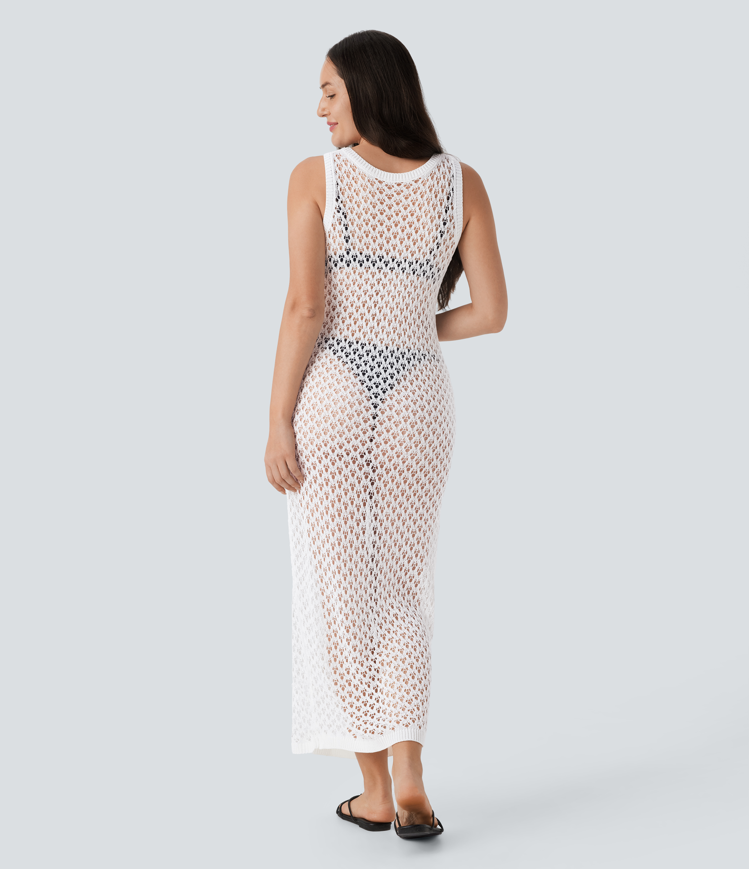 Halara Round Neck Sleeveless Midi Crochet Knit Resort Cover Up Dress Casual Dress - Jasmine White - XS slip dress beach dress ruched dress 
