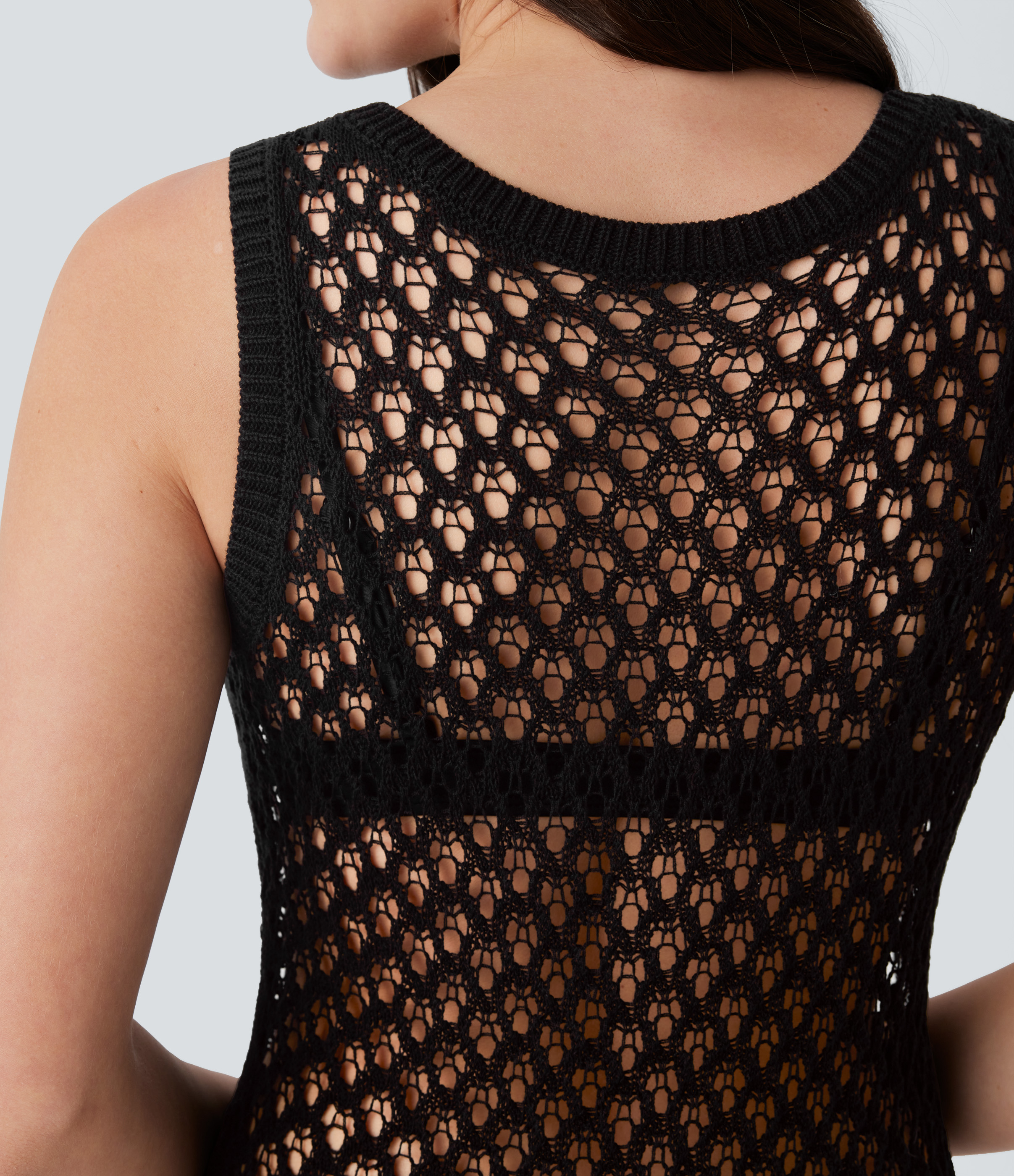 Halara Round Neck Sleeveless Midi Crochet Knit Resort Cover Up Dress Casual Dress - Black - S slip dress beach dress ruched dress 