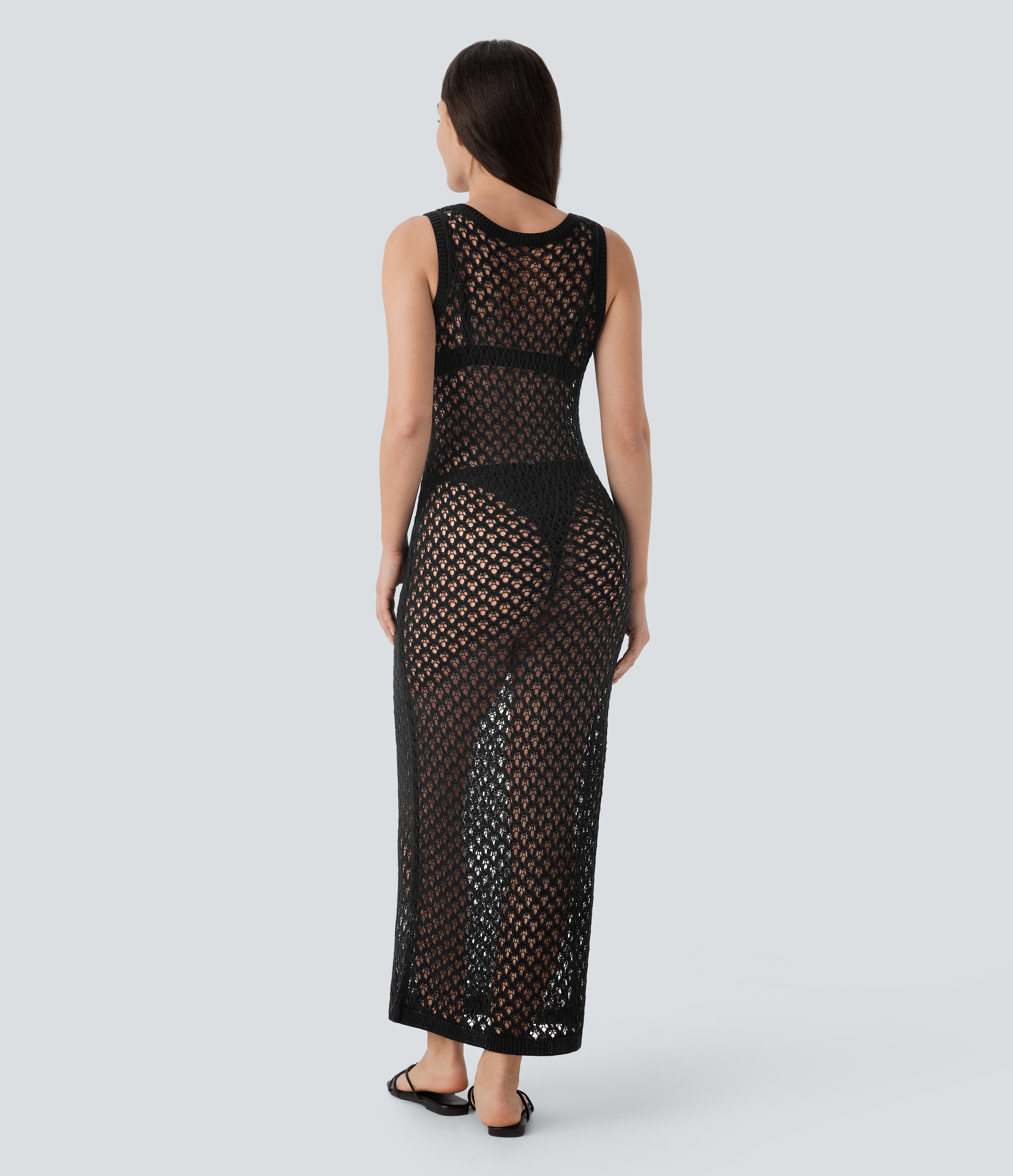 Halara Round Neck Sleeveless Midi Crochet Knit Resort Cover Up Dress Casual Dress - Black - S slip dress beach dress ruched dress 