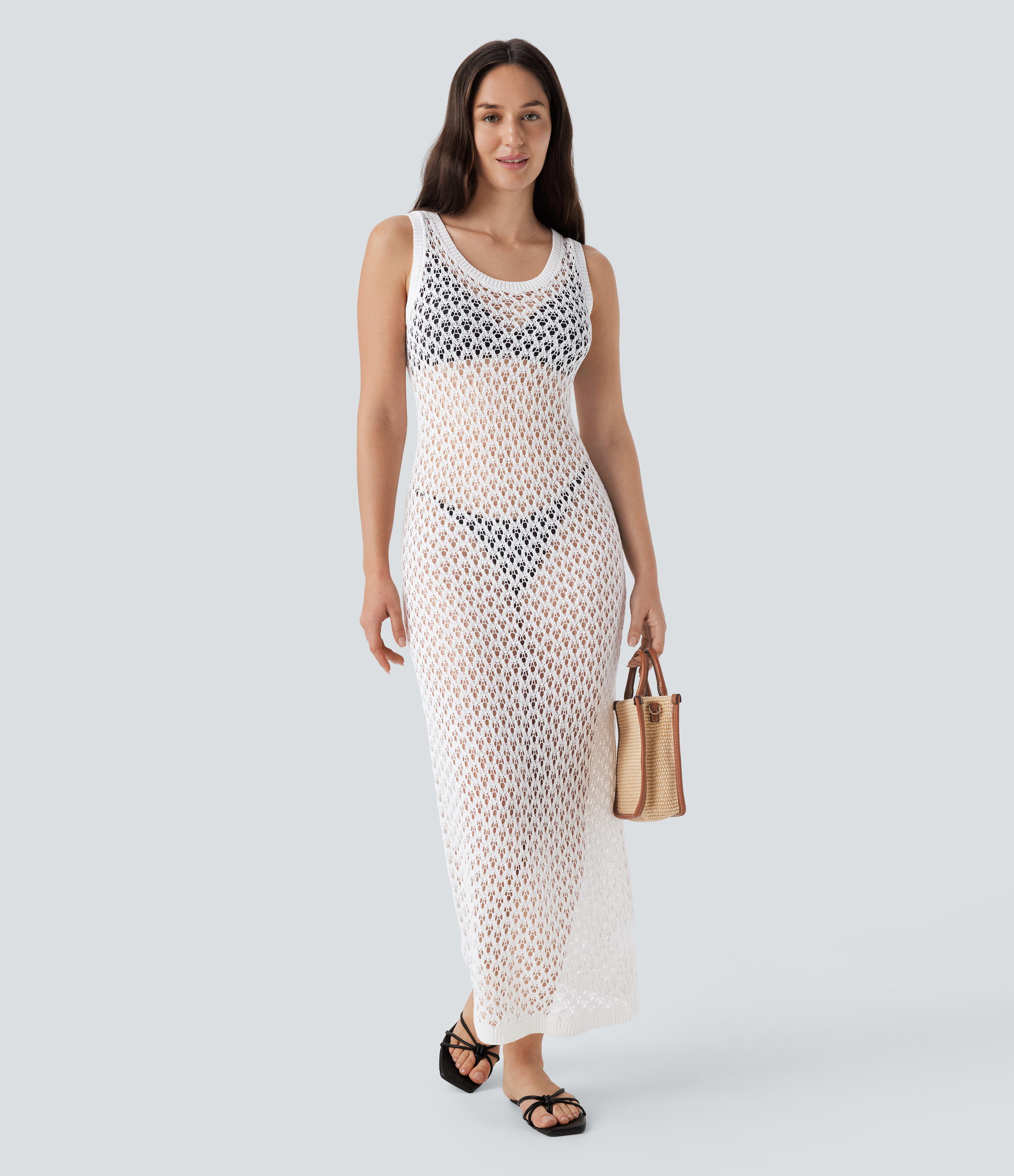 Halara Round Neck Sleeveless Midi Crochet Knit Resort Cover Up Dress Casual Dress - Jasmine White - XS slip dress beach dress ruched dress 