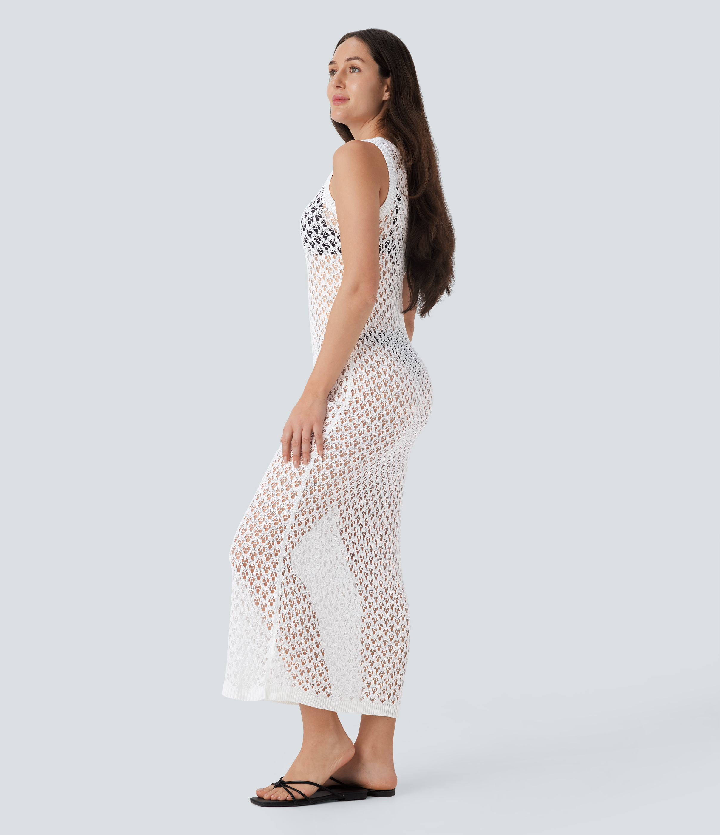 Halara Round Neck Sleeveless Midi Crochet Knit Resort Cover Up Dress Casual Dress - Jasmine White - XS slip dress beach dress ruched dress 