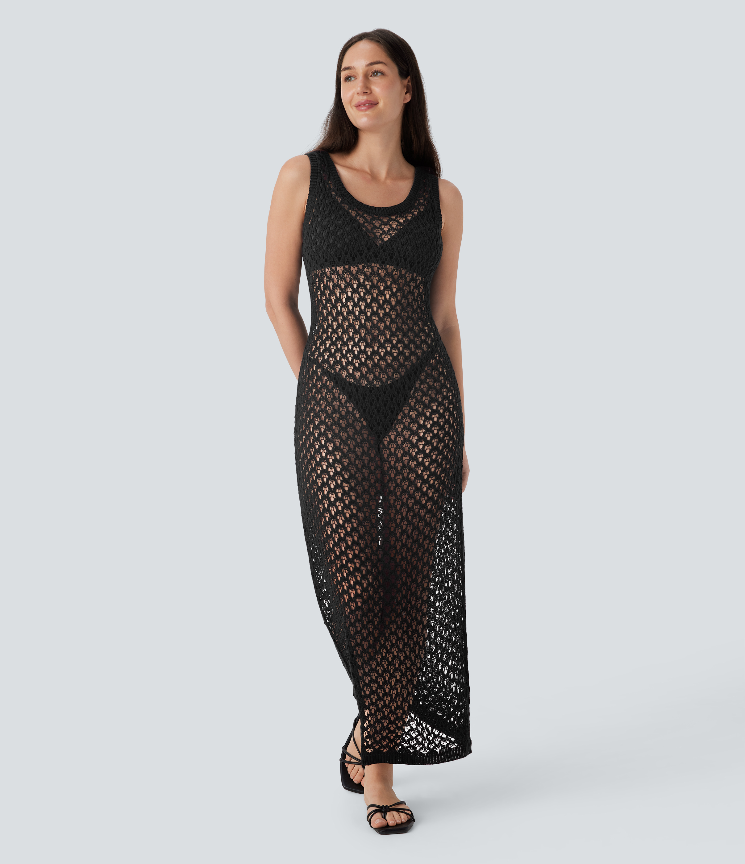 Halara Round Neck Sleeveless Midi Crochet Knit Resort Cover Up Dress Casual Dress - Black - S slip dress beach dress ruched dress 