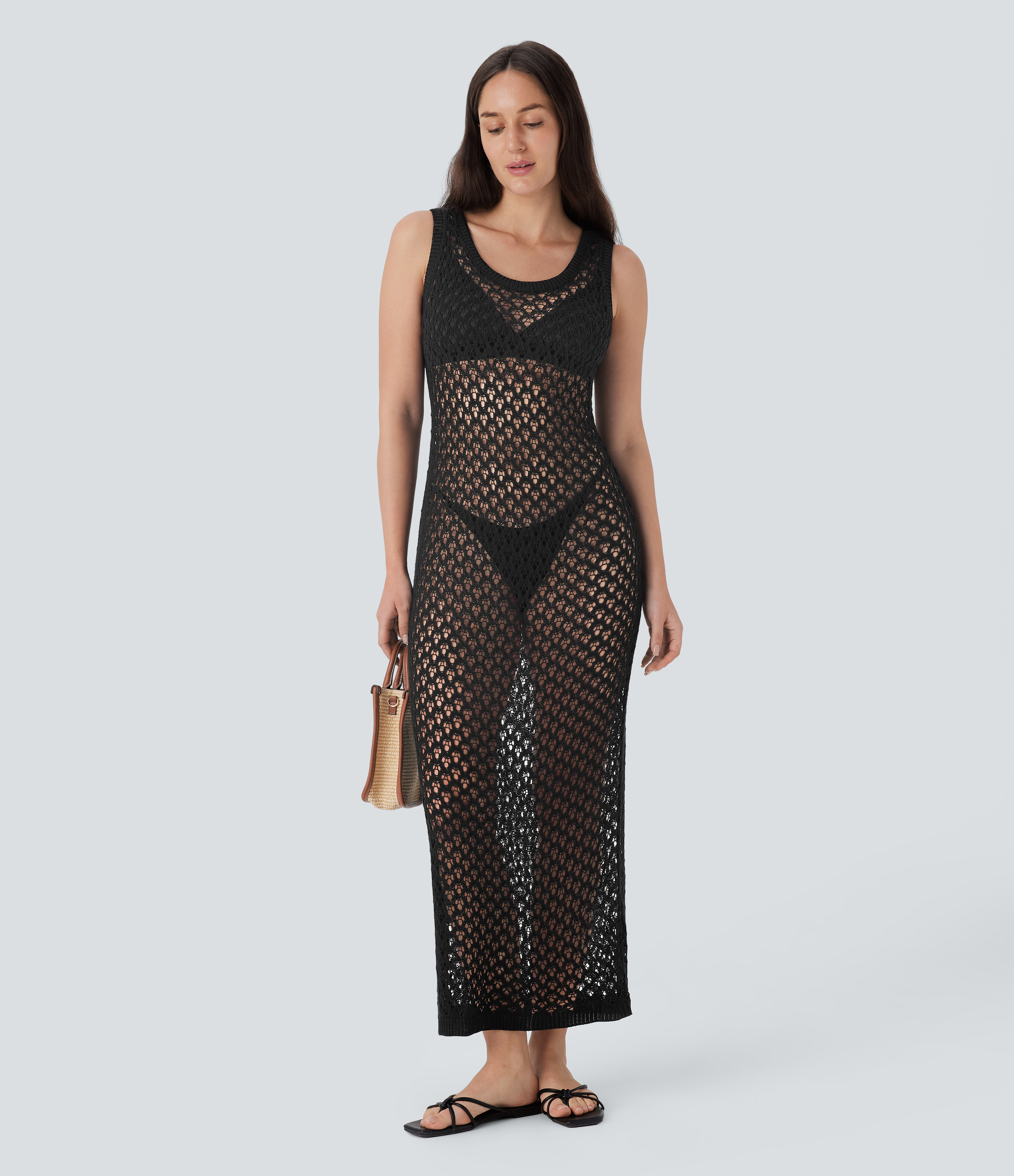 Halara Round Neck Sleeveless Midi Crochet Knit Resort Cover Up Dress Casual Dress - Black - S slip dress beach dress ruched dress 