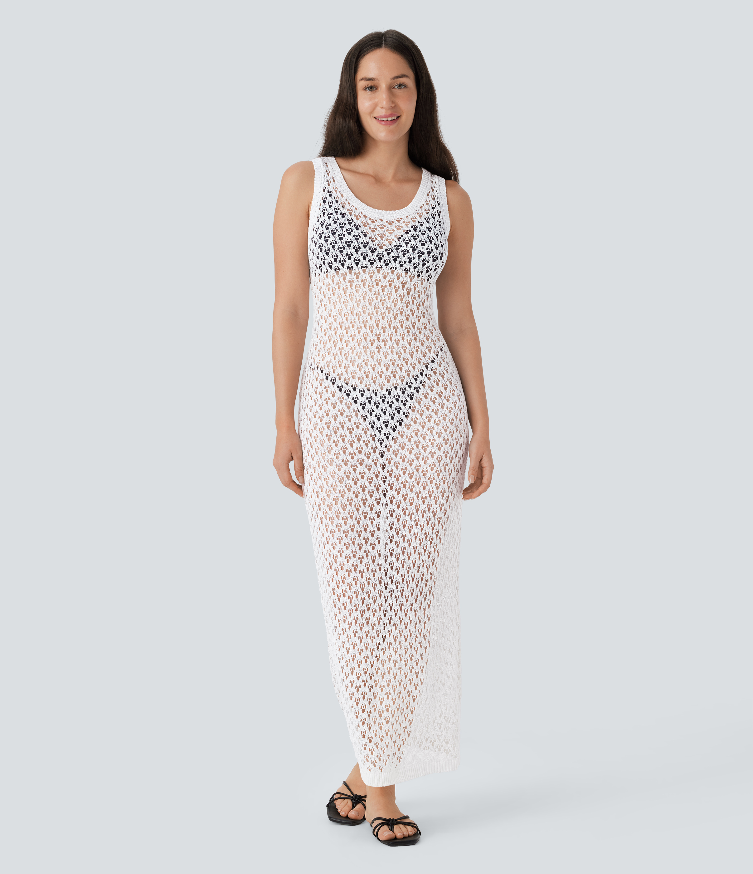 Halara Round Neck Sleeveless Midi Crochet Knit Resort Cover Up Dress Casual Dress - Jasmine White - XS slip dress beach dress ruched dress 