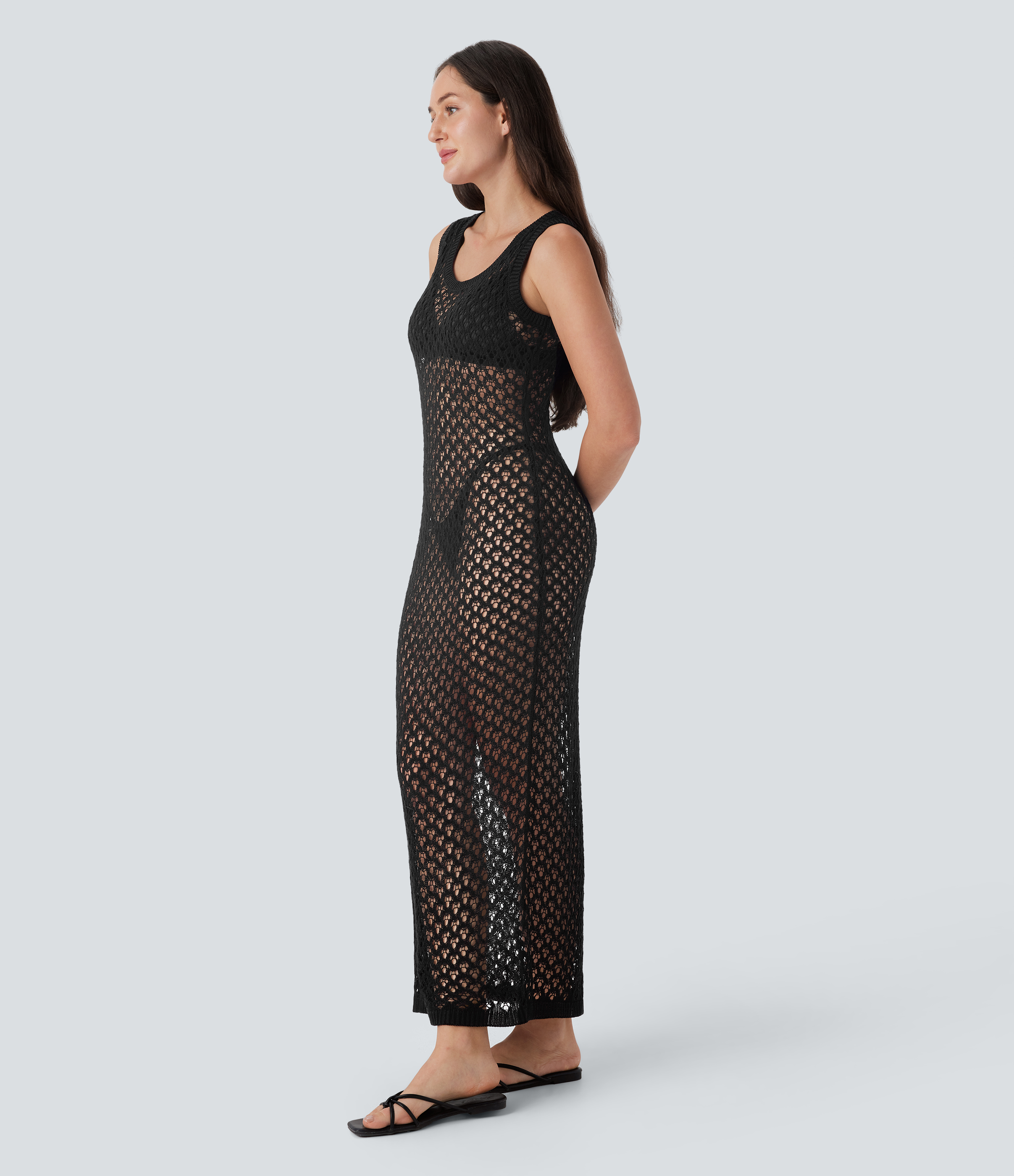 Halara Round Neck Sleeveless Midi Crochet Knit Resort Cover Up Dress Casual Dress - Black - S slip dress beach dress ruched dress 