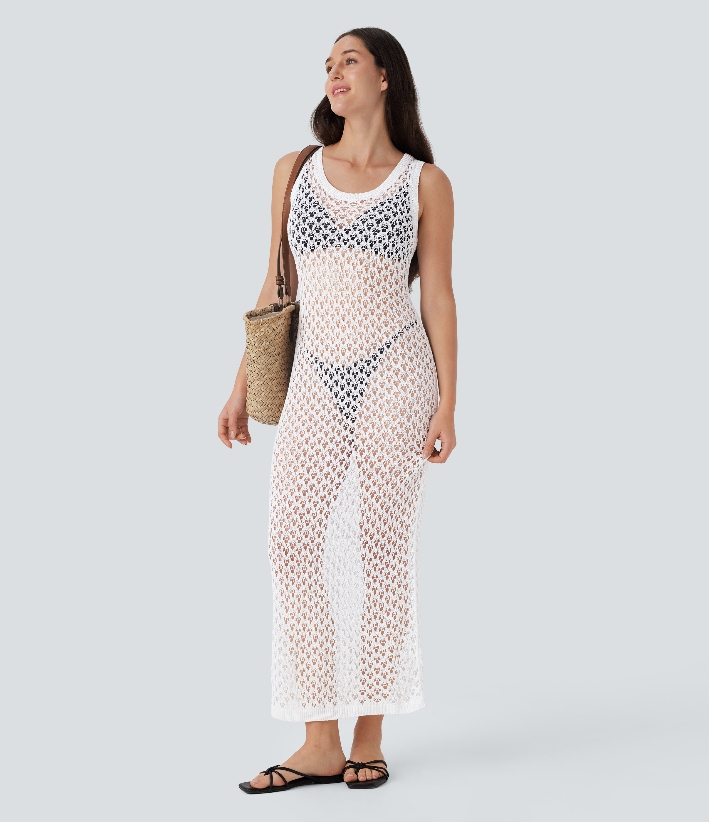 Halara Round Neck Sleeveless Midi Crochet Knit Resort Cover Up Dress Casual Dress - Jasmine White - XS slip dress beach dress ruched dress 