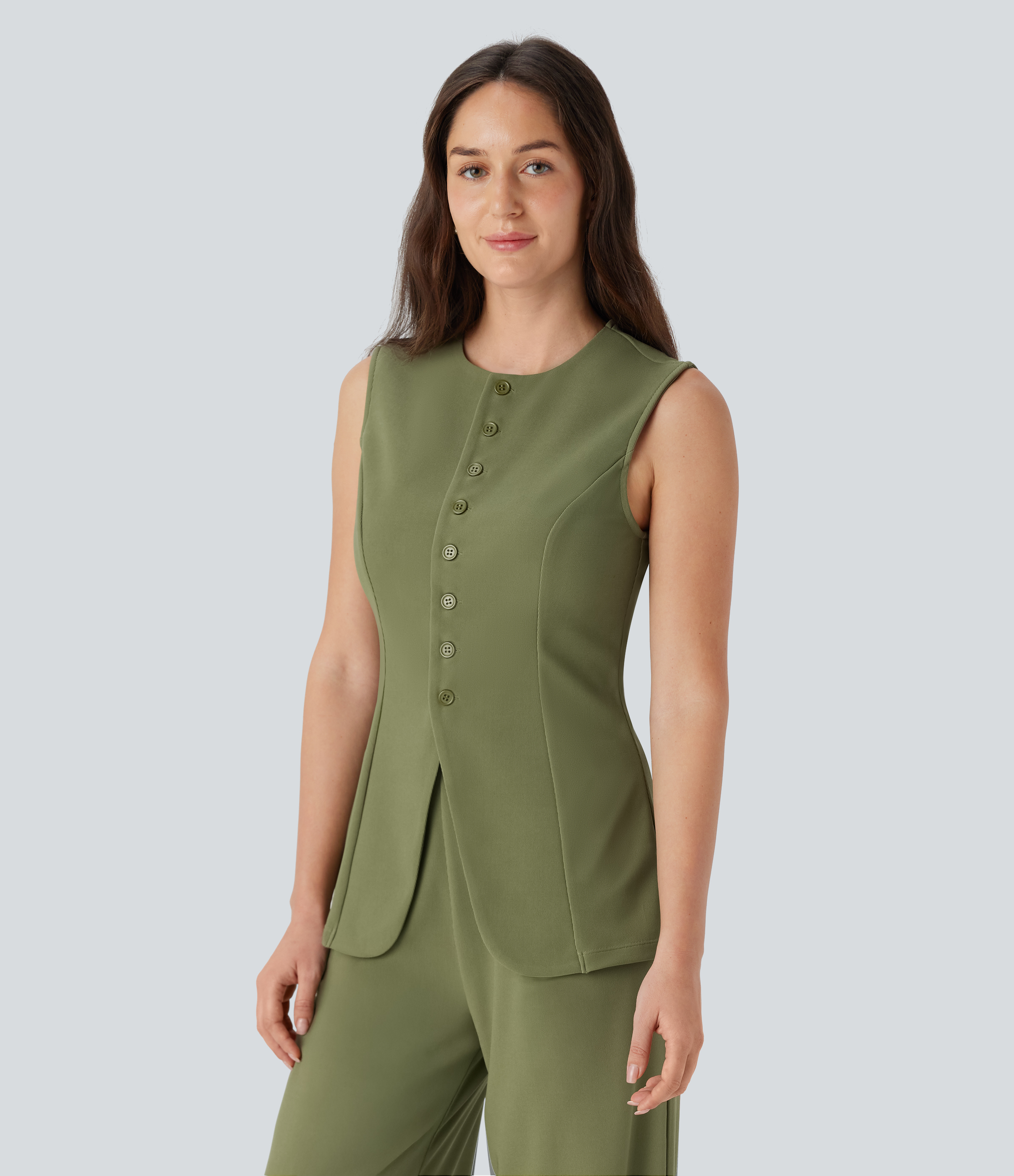 Halara Round Neck Sleeveless Button Fly Micro Waffle Work Vest Tank Top - Mosstone - XS golf tops halter top tunic tops sleeveless tops 