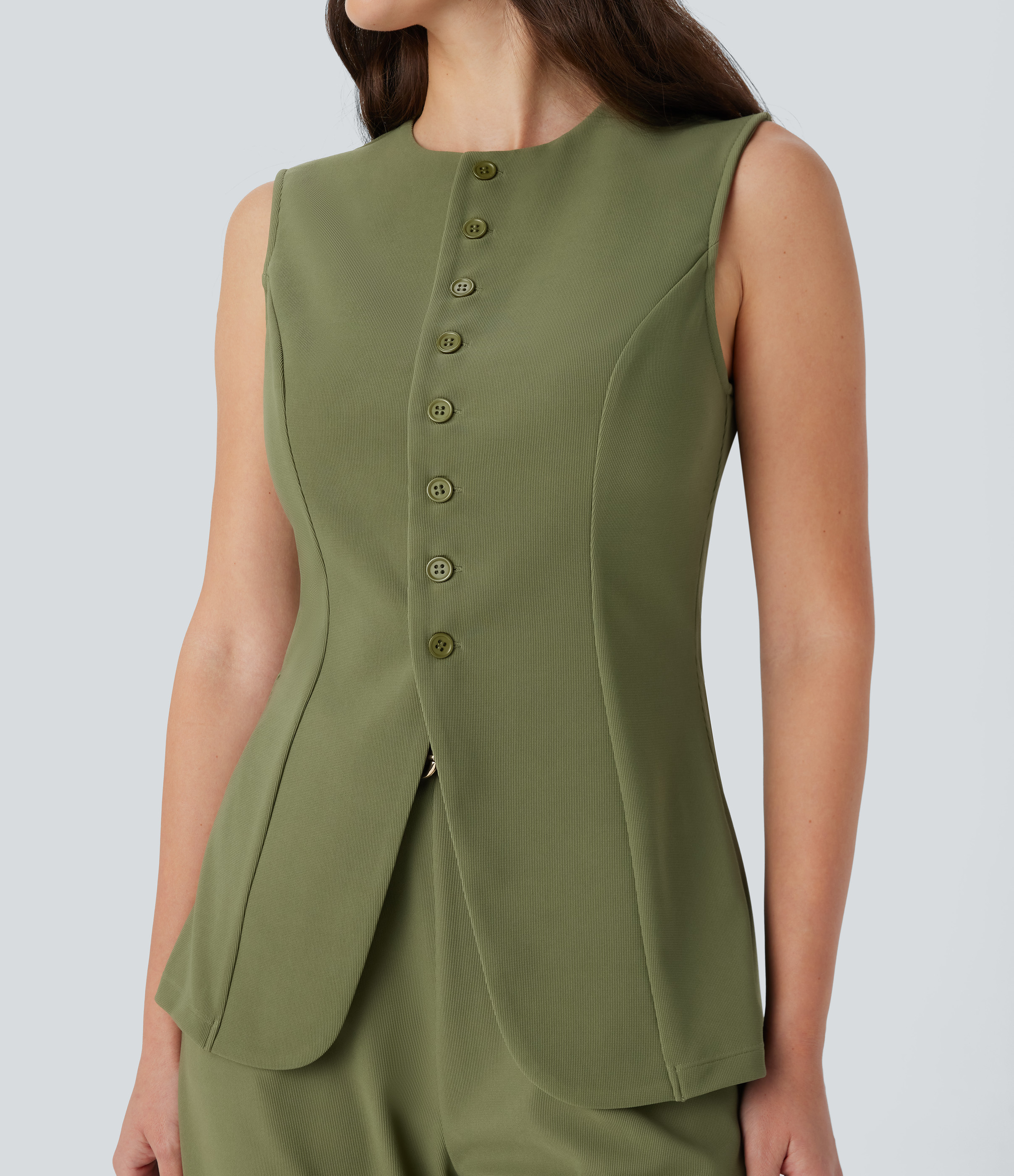 Halara Round Neck Sleeveless Button Fly Micro Waffle Work Vest Tank Top - Mosstone - XS golf tops halter top tunic tops sleeveless tops 