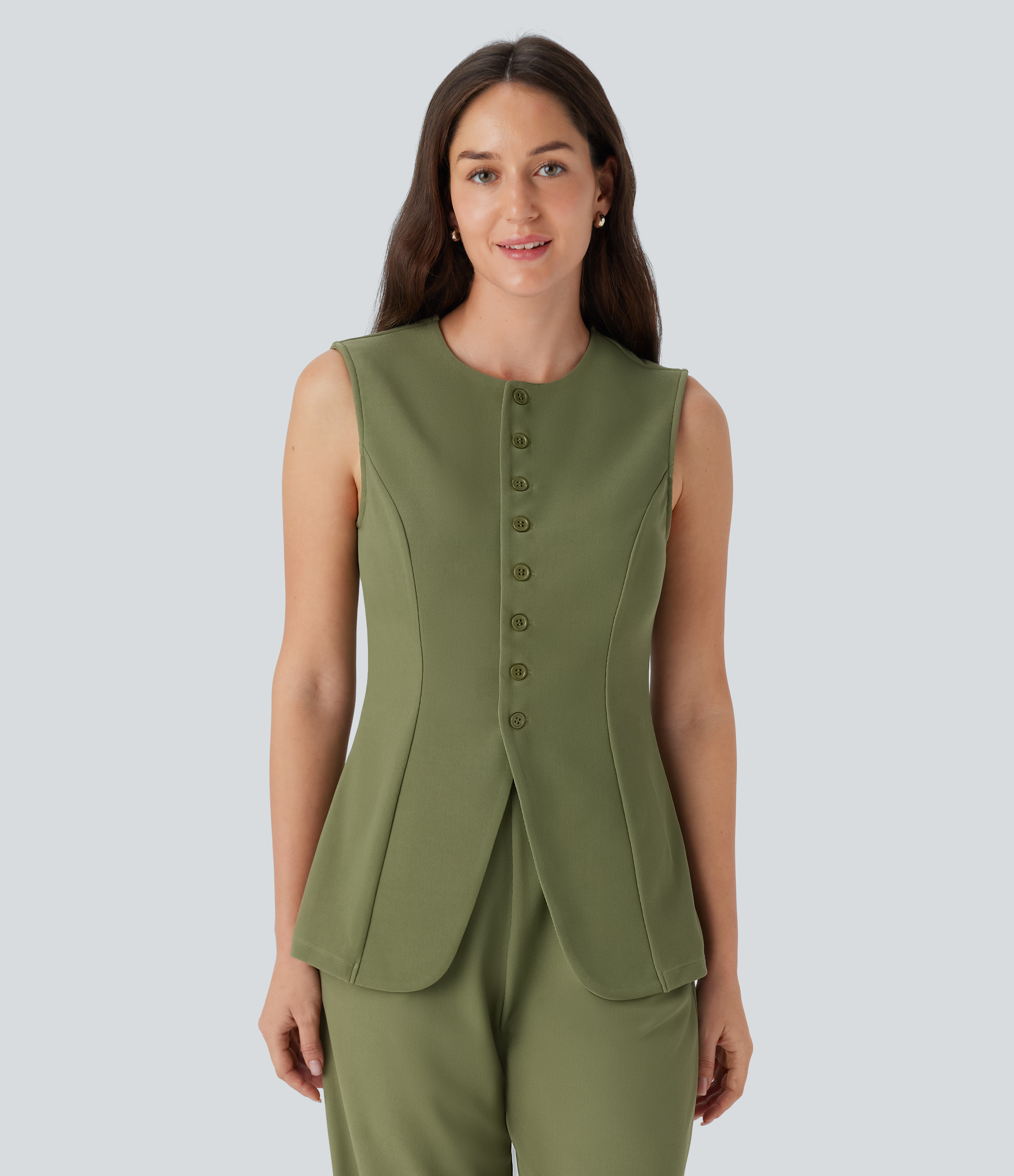 Halara Round Neck Sleeveless Button Fly Micro Waffle Work Vest Tank Top - Mosstone - XS golf tops halter top tunic tops sleeveless tops 