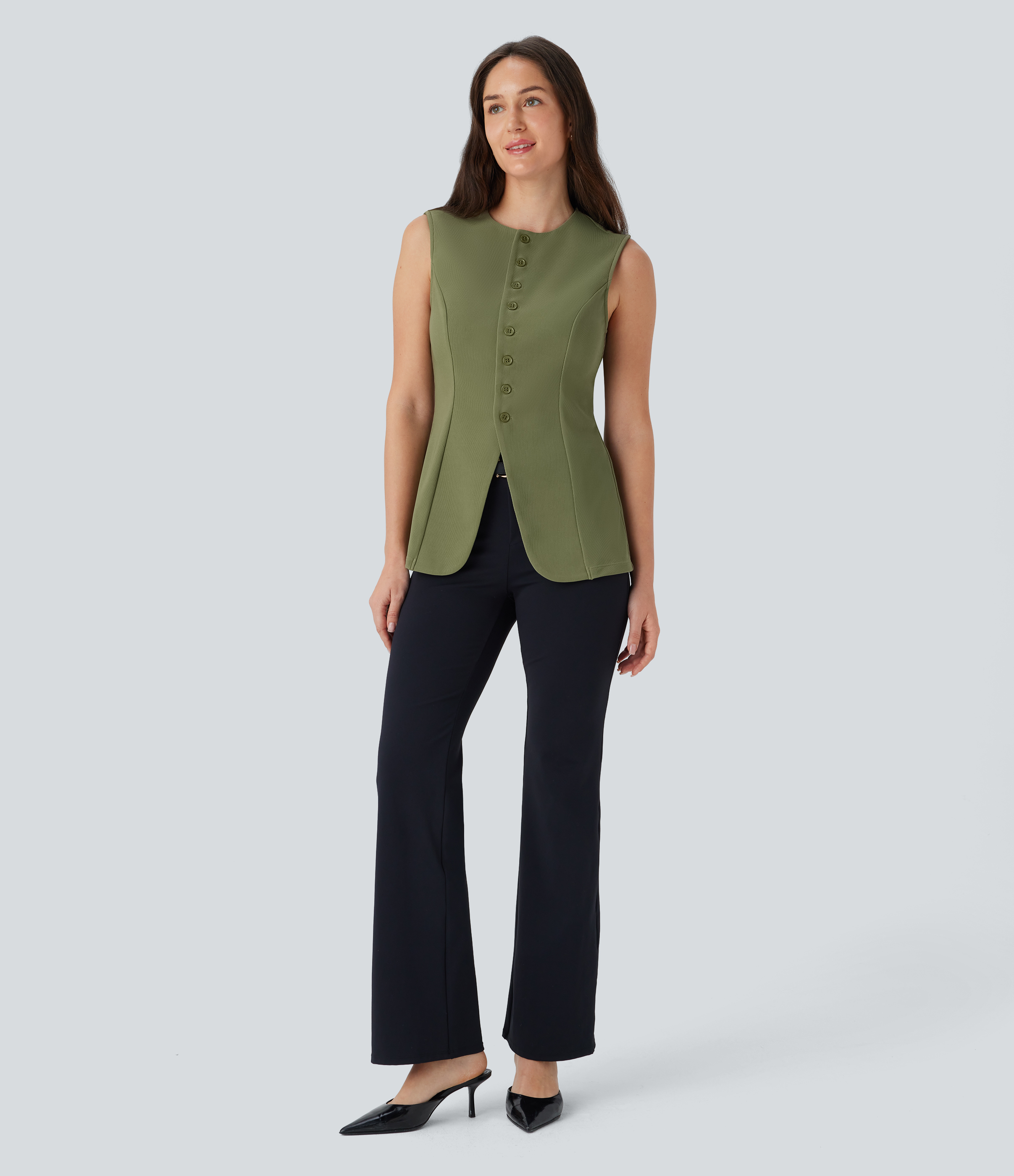Halara Round Neck Sleeveless Button Fly Micro Waffle Work Vest Tank Top - Mosstone - XS golf tops halter top tunic tops sleeveless tops 
