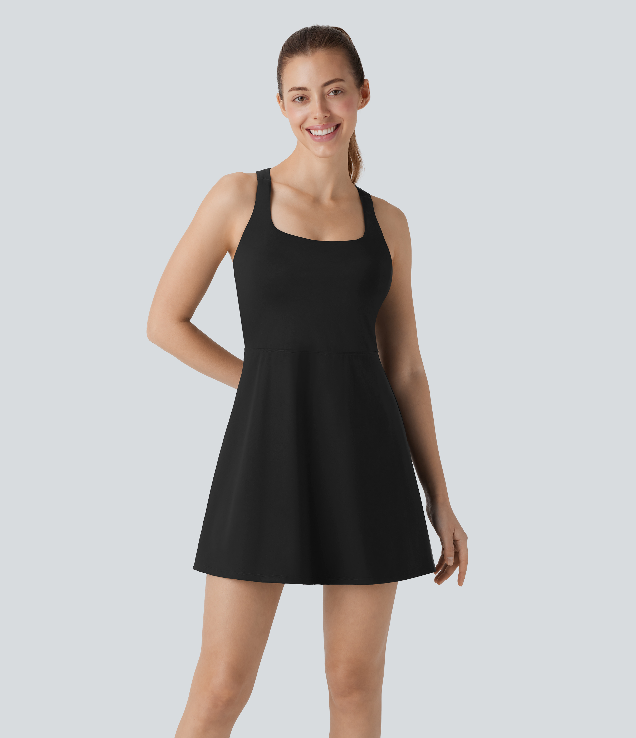 Halara Softlyzeroв„ў Airy Backless 2-in-1 Side Pocket Cool Touch Mini Tennis Active Dress-UPF50+ Workout Dress - Black - L 