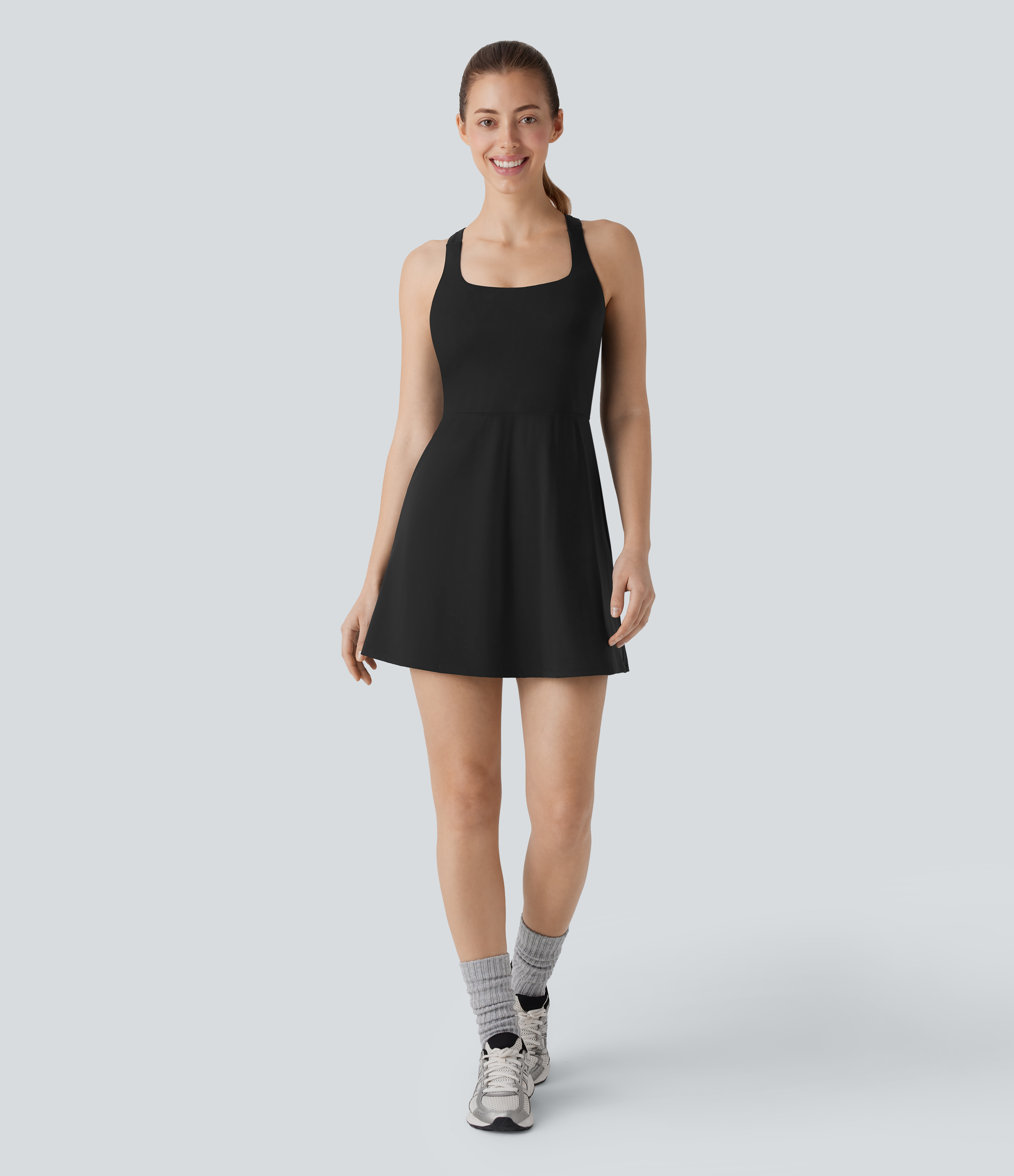Halara Softlyzeroв„ў Airy Backless 2-in-1 Side Pocket Cool Touch Mini Tennis Active Dress-UPF50+ Workout Dress - Black - L 