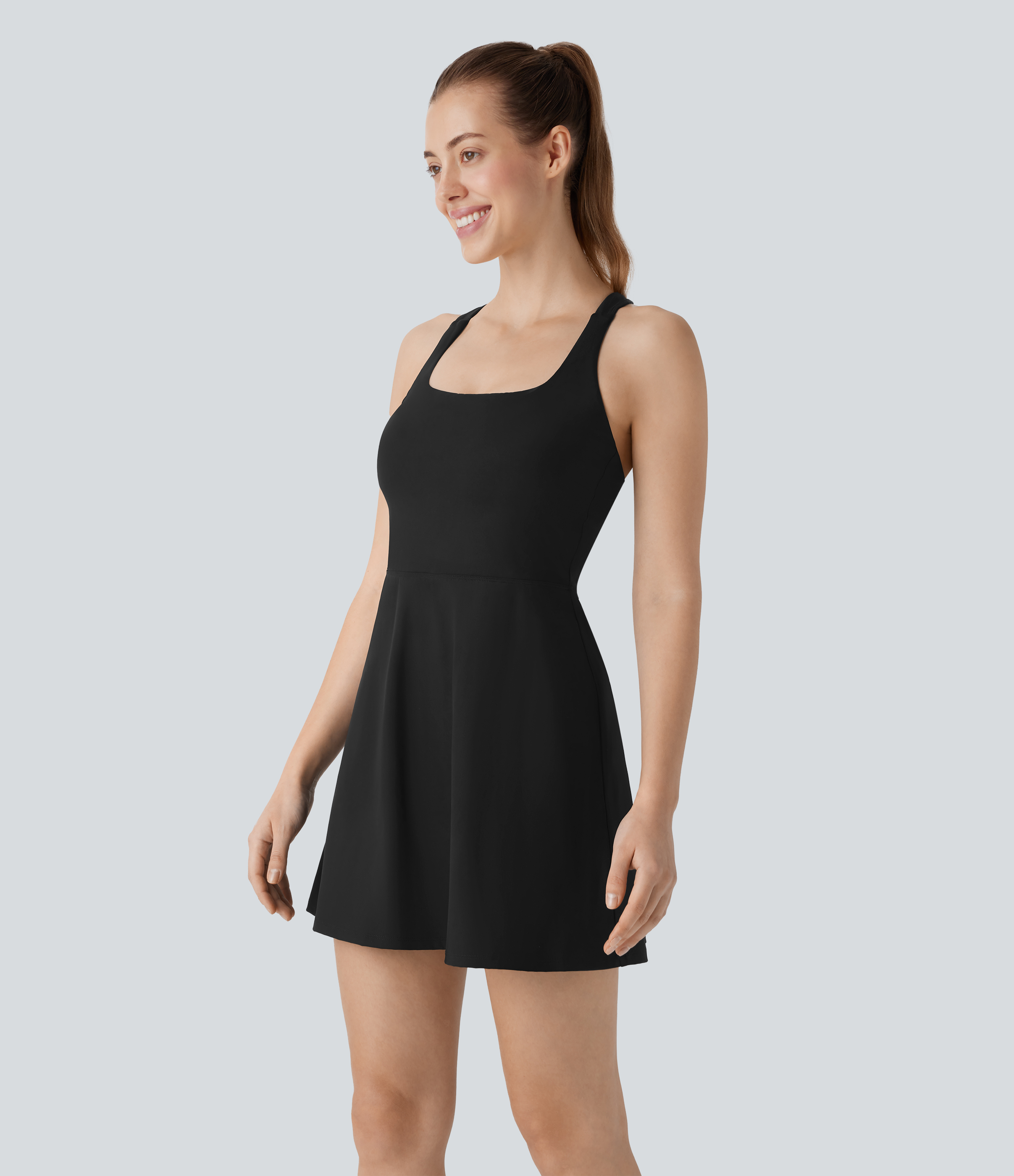 Halara Softlyzeroв„ў Airy Backless 2-in-1 Side Pocket Cool Touch Mini Tennis Active Dress-UPF50+ Workout Dress - Black - L 