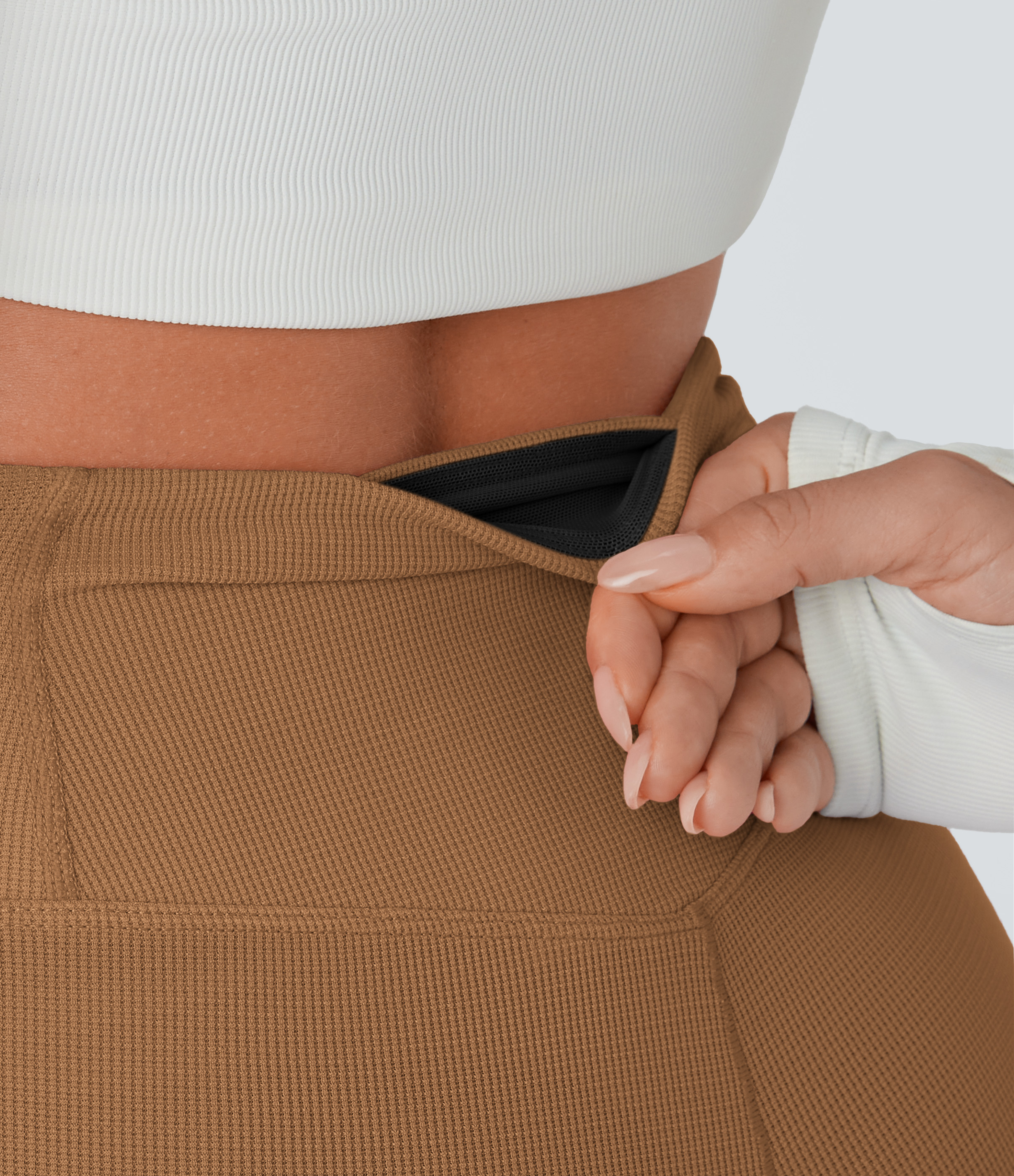 Halara Crossover High Waisted Back Pocket Waffle Casual Flare Pants  - Almond Brown - M(regular) sweatpants jogger pants stacked sweatpants 