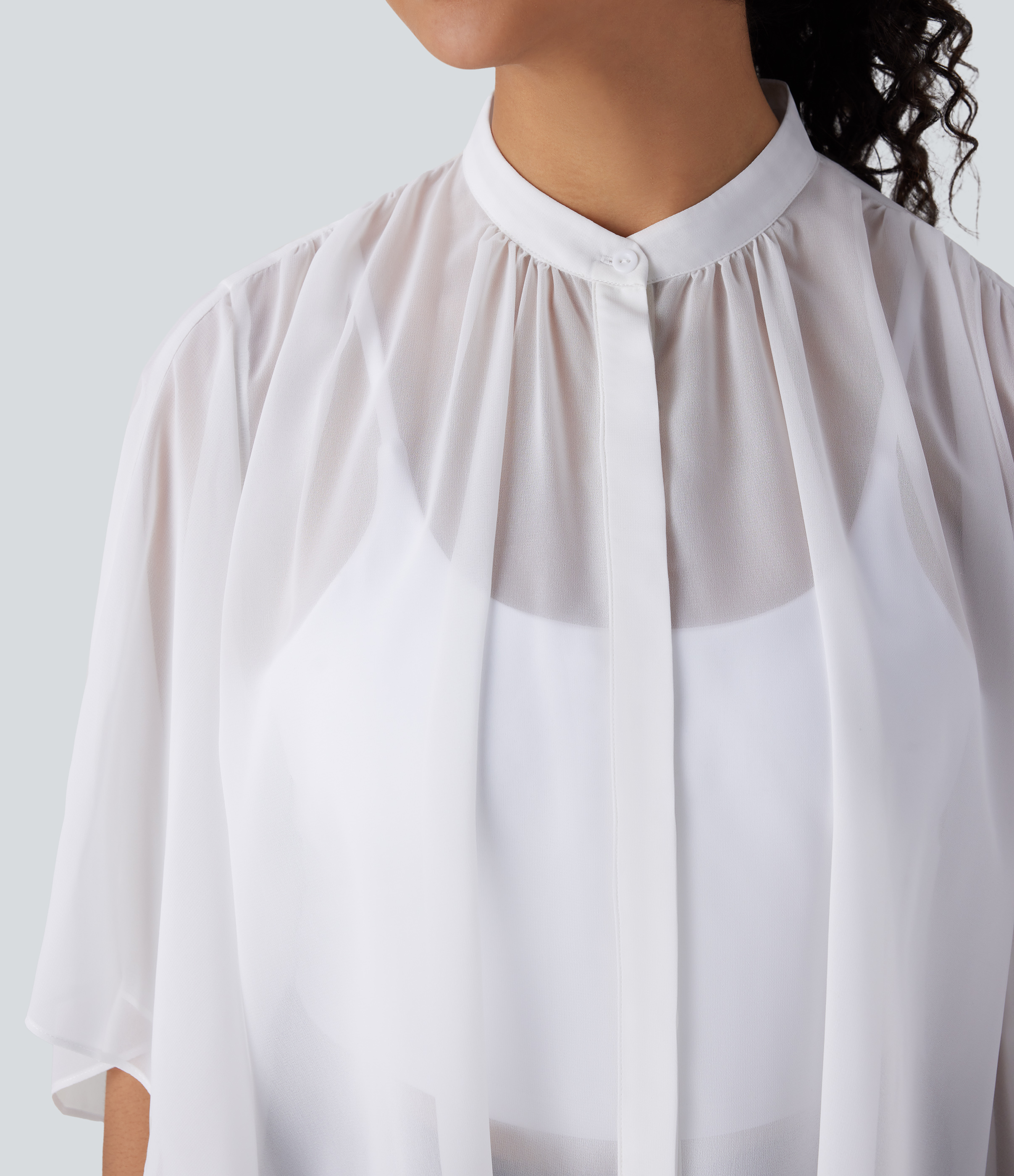 Halara Sheer Button Elbow Sleeve Flowy Work Shirt  - White - XL 