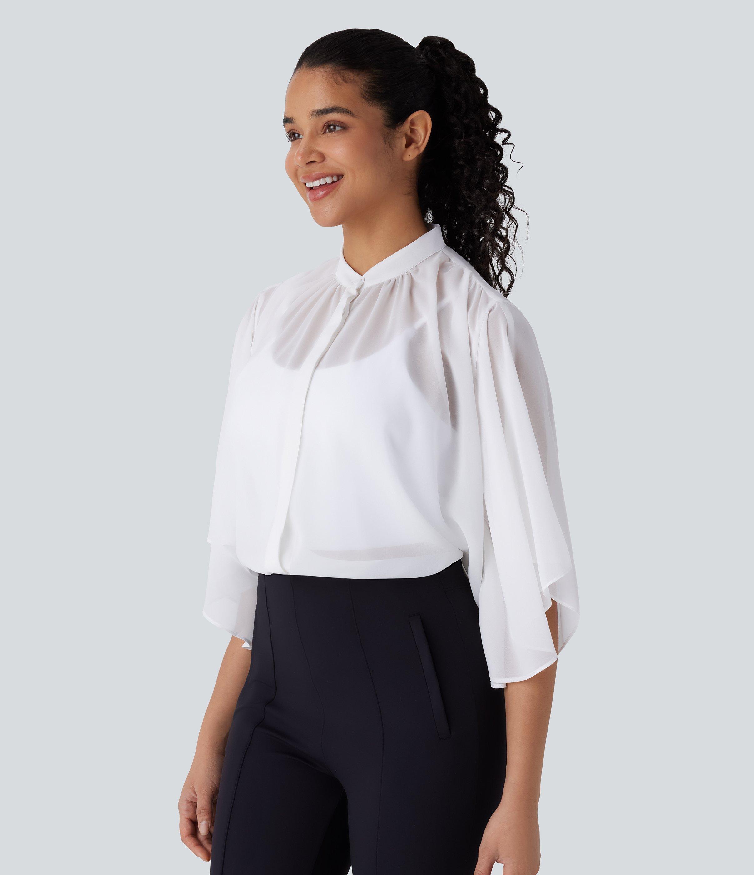 Halara Sheer Button Elbow Sleeve Flowy Work Shirt  - White - XL 