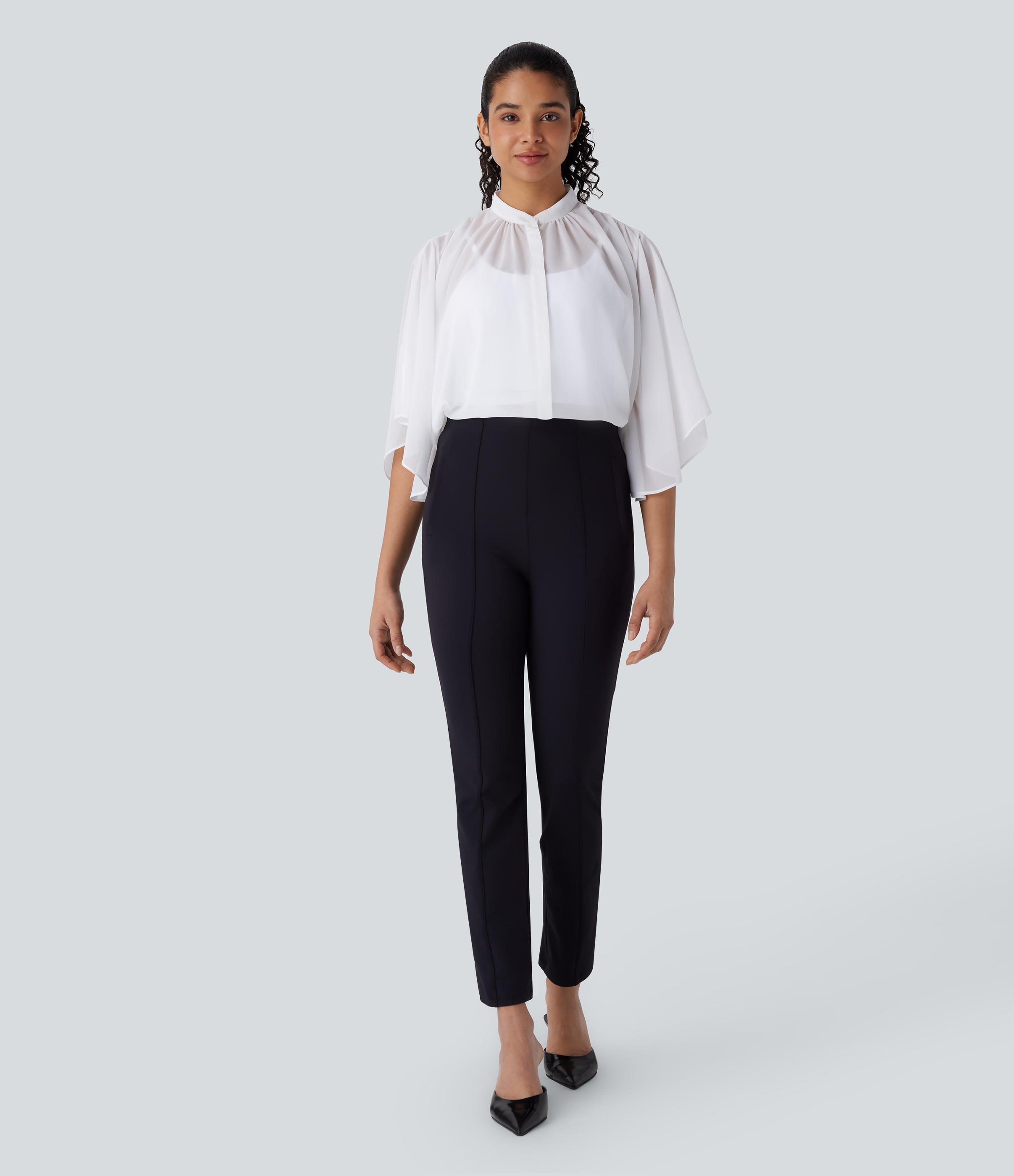 Halara Sheer Button Elbow Sleeve Flowy Work Shirt  - White - XL 