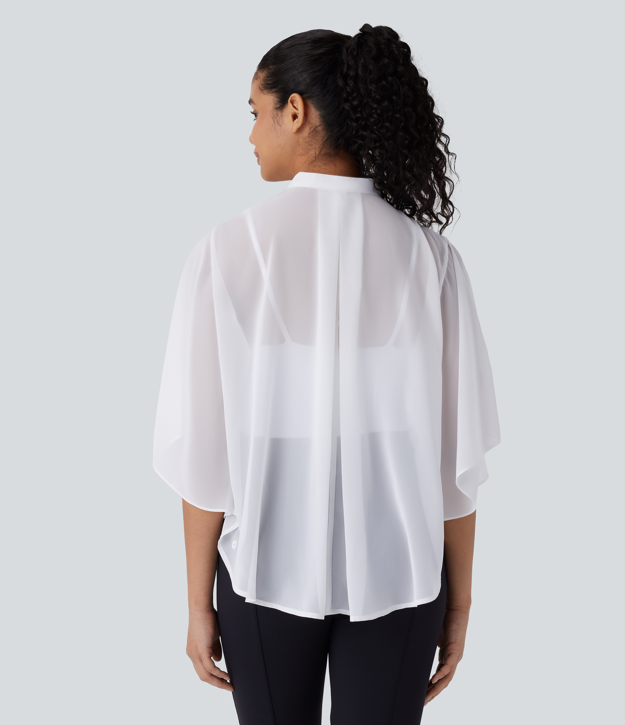 Halara Sheer Button Elbow Sleeve Flowy Work Shirt  - White - XL 