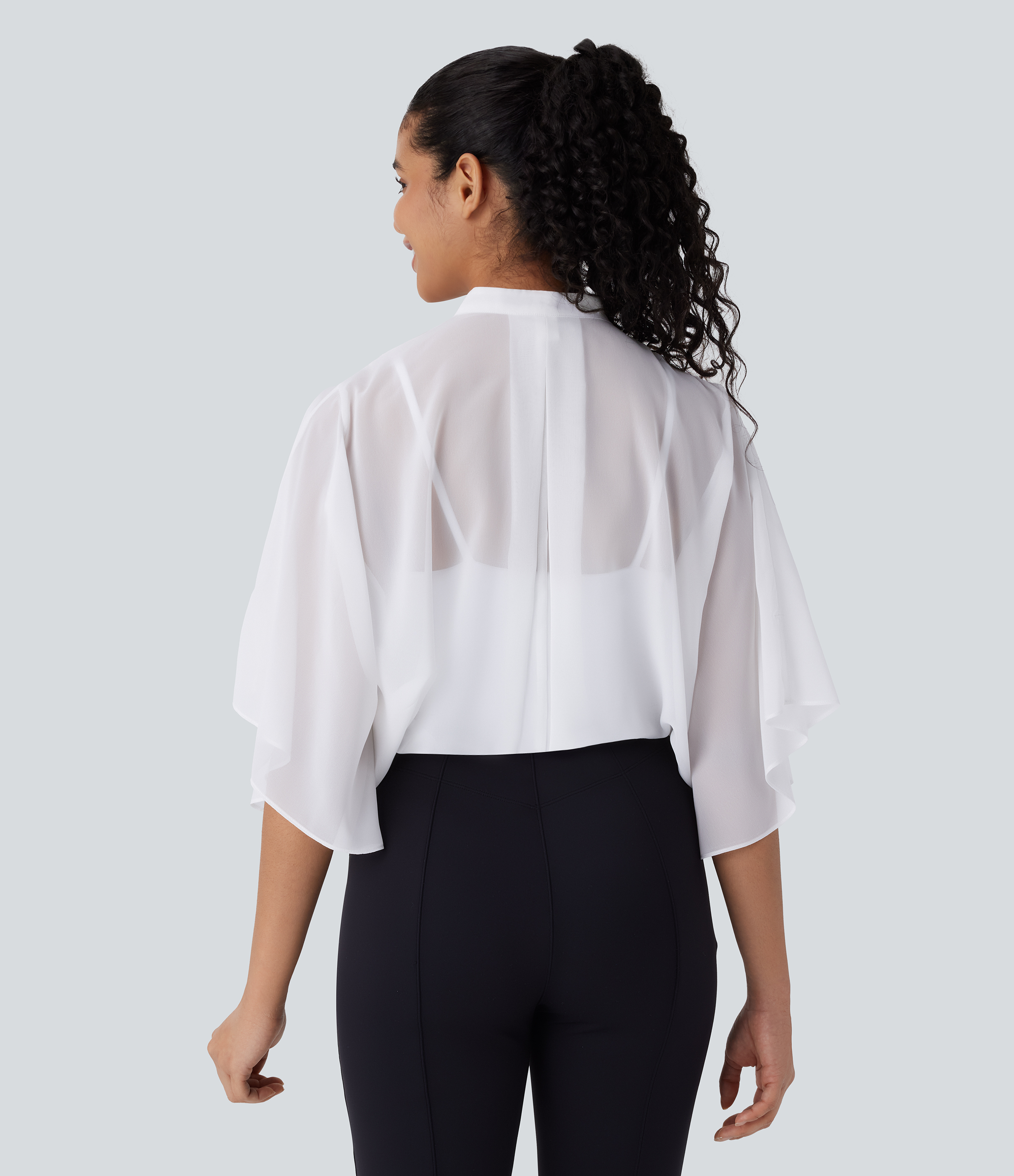 Halara Sheer Button Elbow Sleeve Flowy Work Shirt  - White - XL 