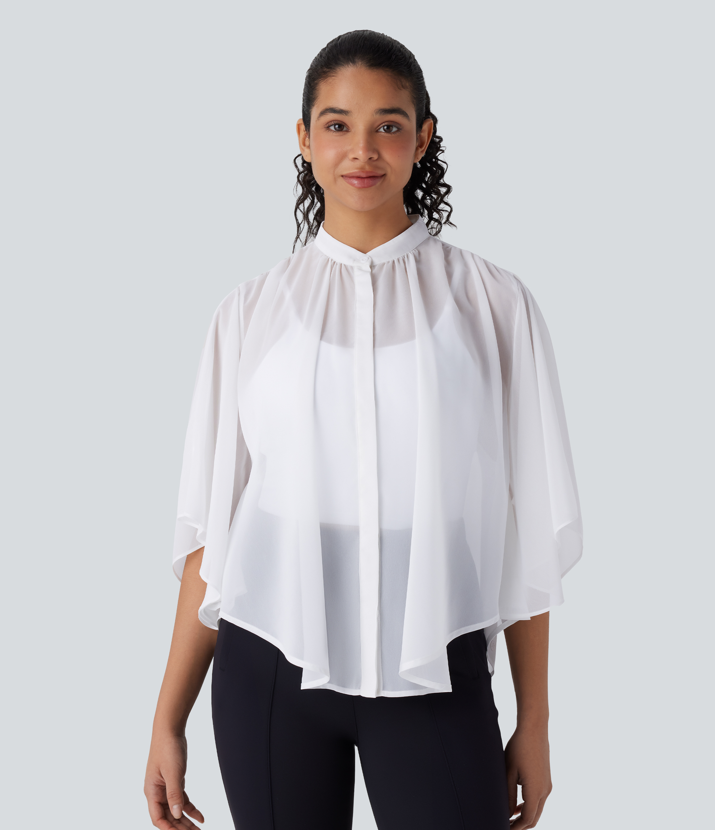 Halara Sheer Button Elbow Sleeve Flowy Work Shirt  - White - XL 