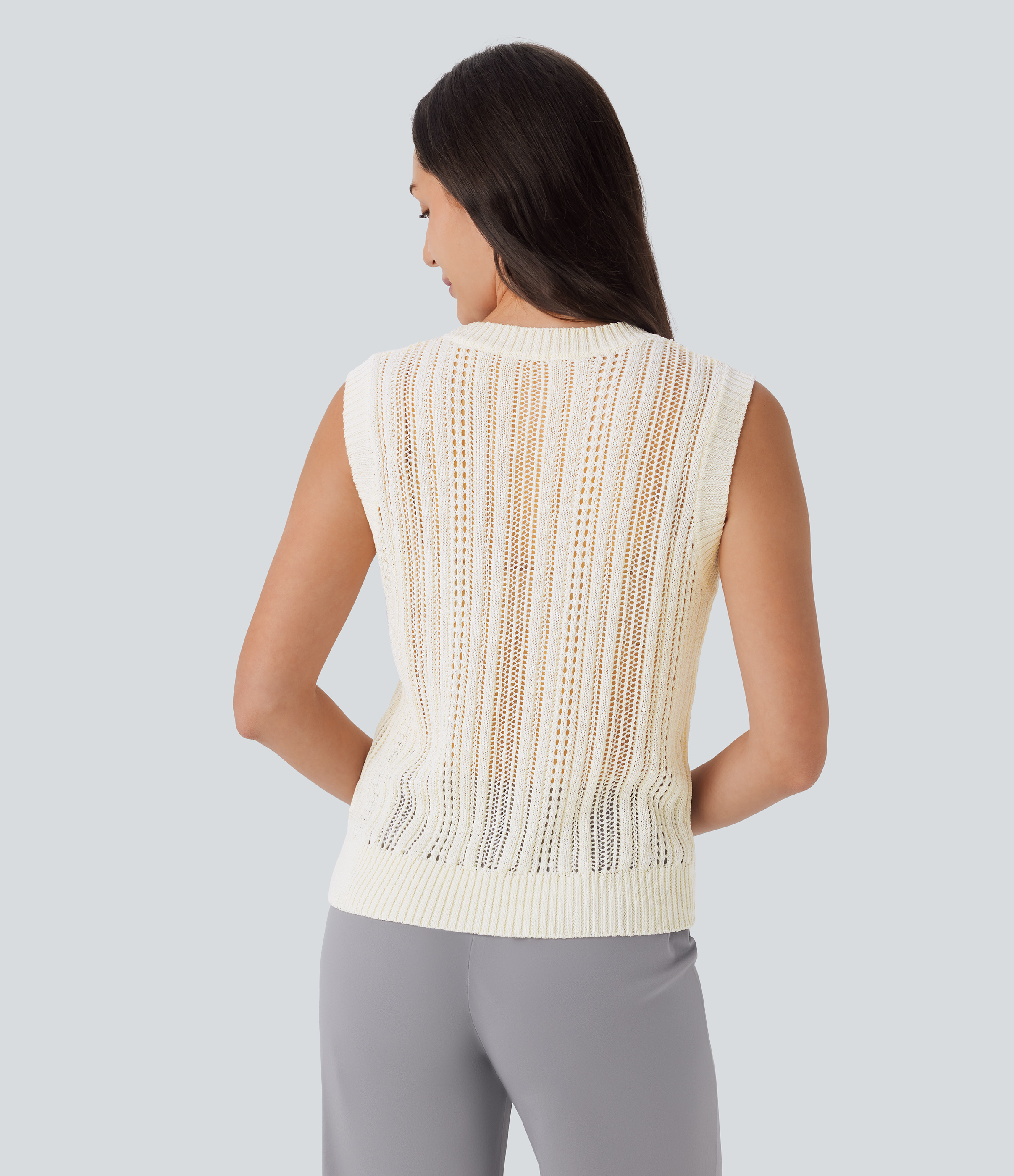Halara Round Neck Crochet Knit Work Sweater Vest  - Birch - S 