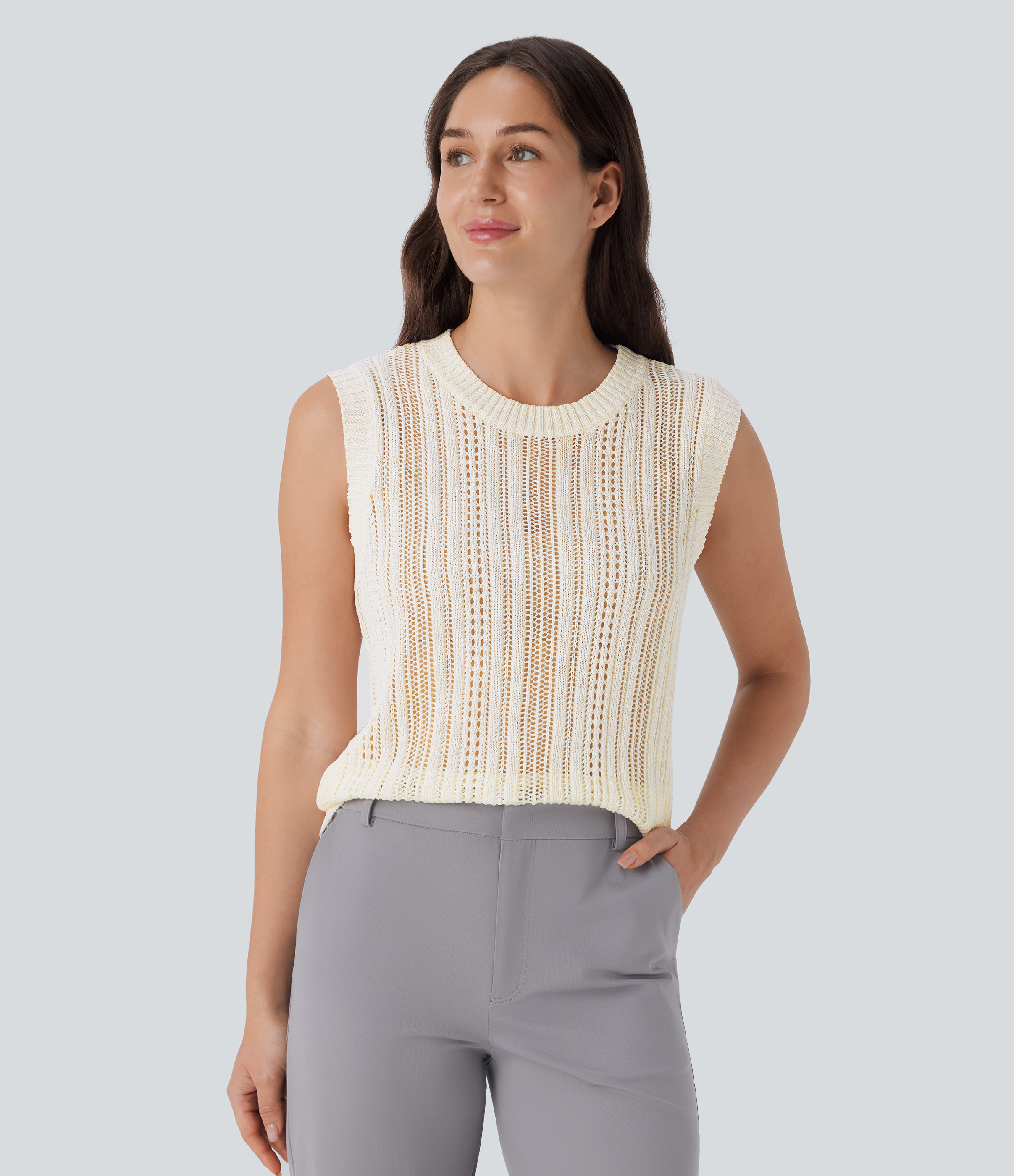 Halara Round Neck Crochet Knit Work Sweater Vest  - Birch - S 