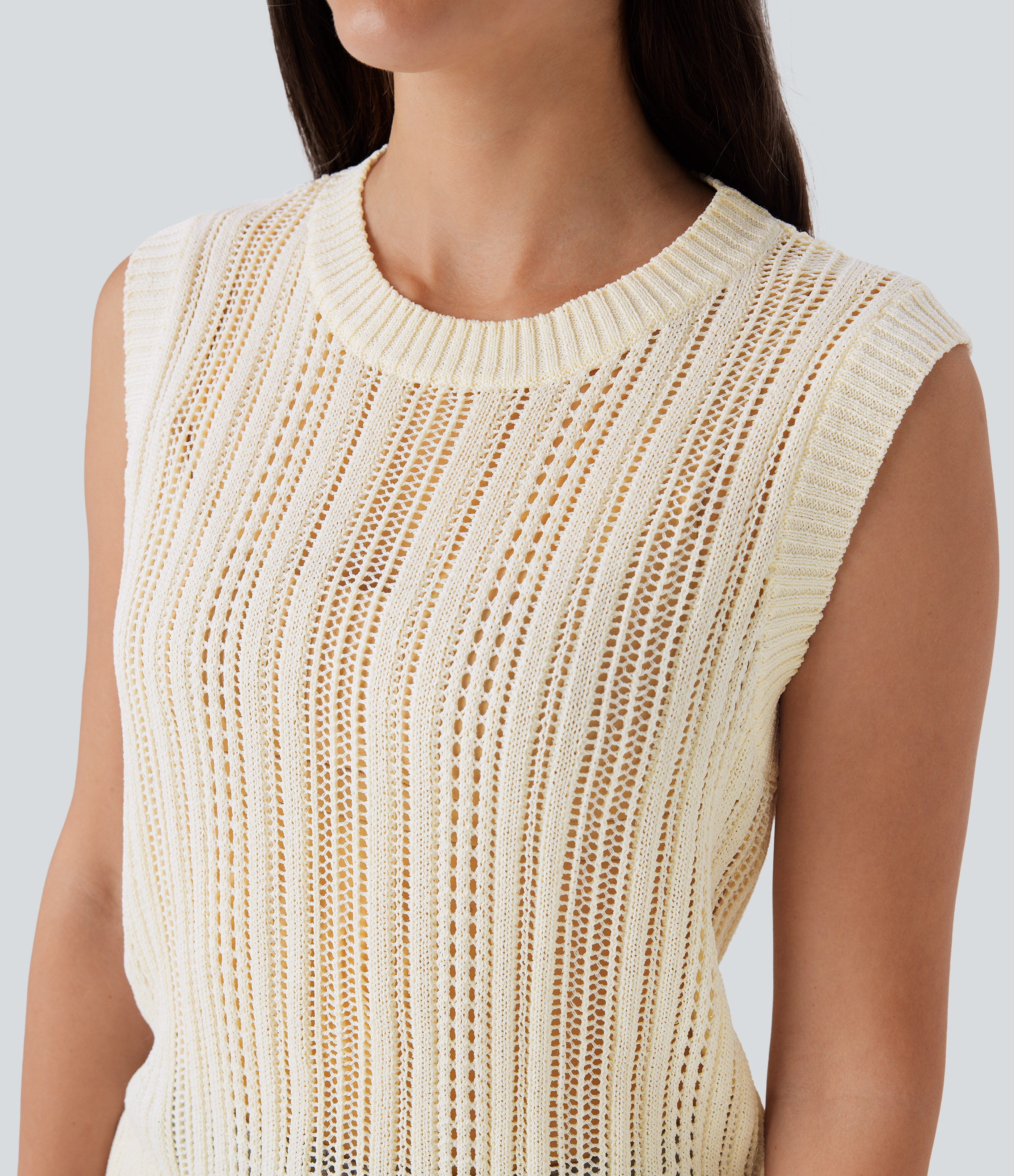 Halara Round Neck Crochet Knit Work Sweater Vest  - Birch - S 