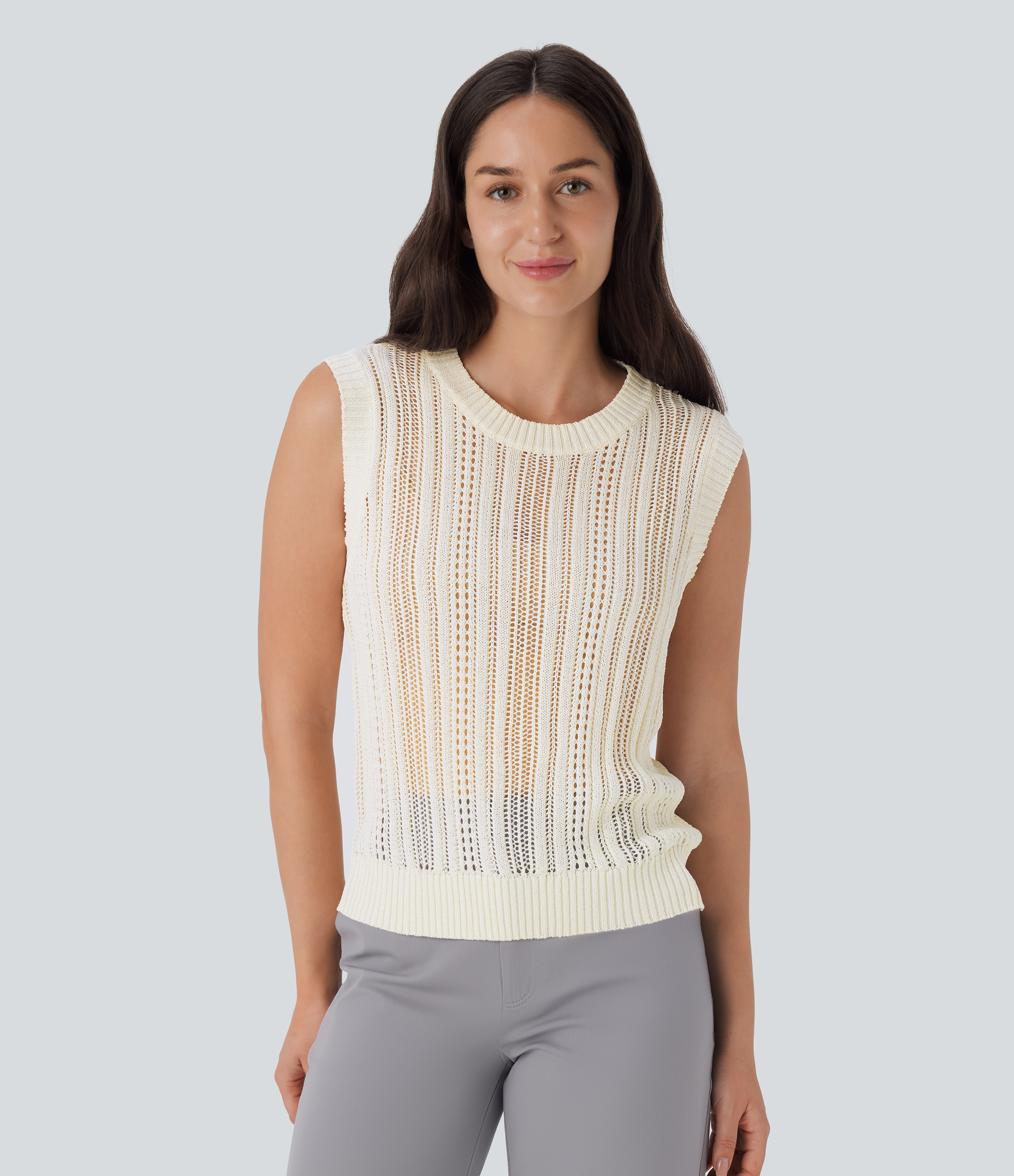 Halara Round Neck Crochet Knit Work Sweater Vest  - Birch - S 