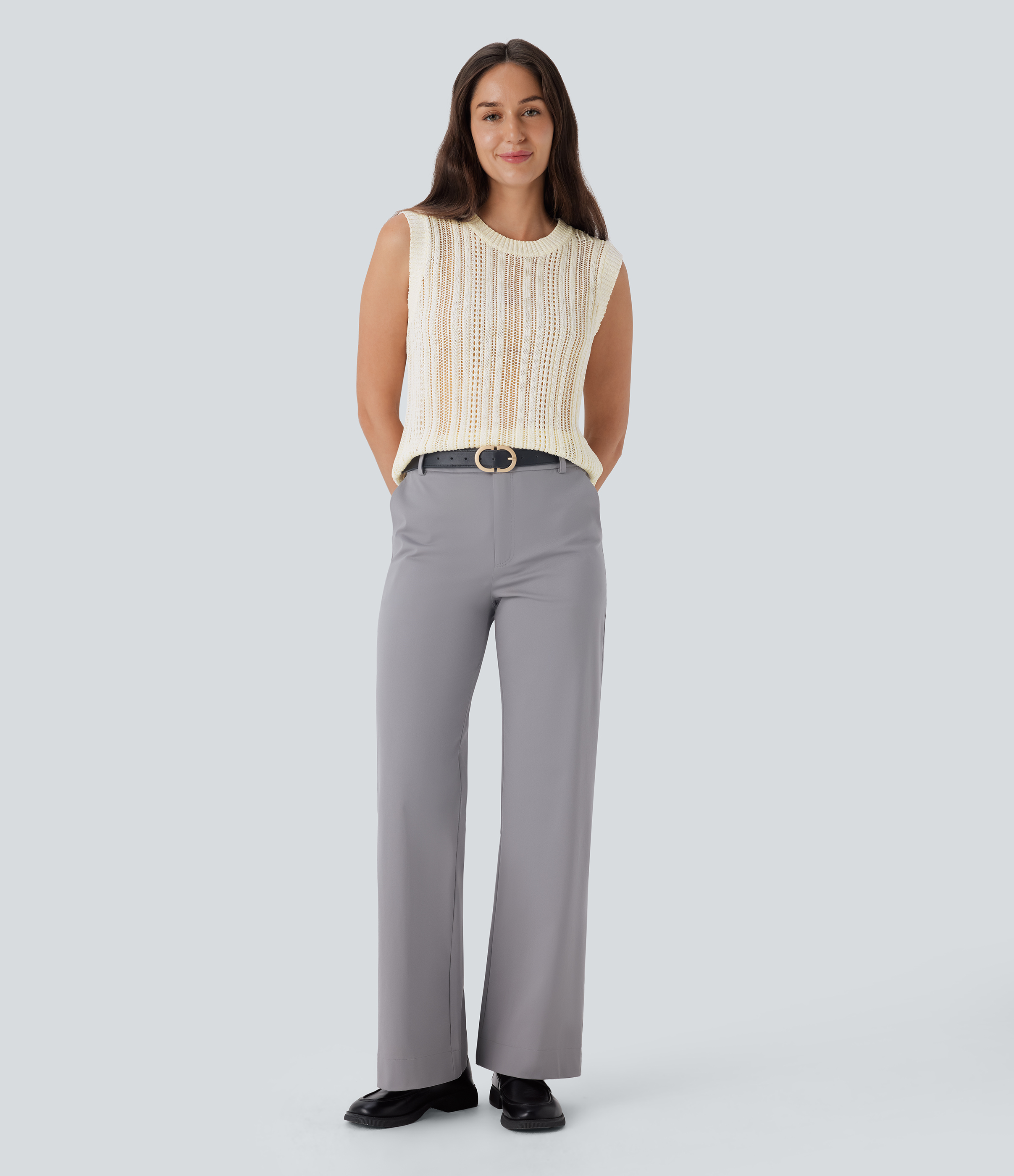 Halara Round Neck Crochet Knit Work Sweater Vest  - Birch - S 