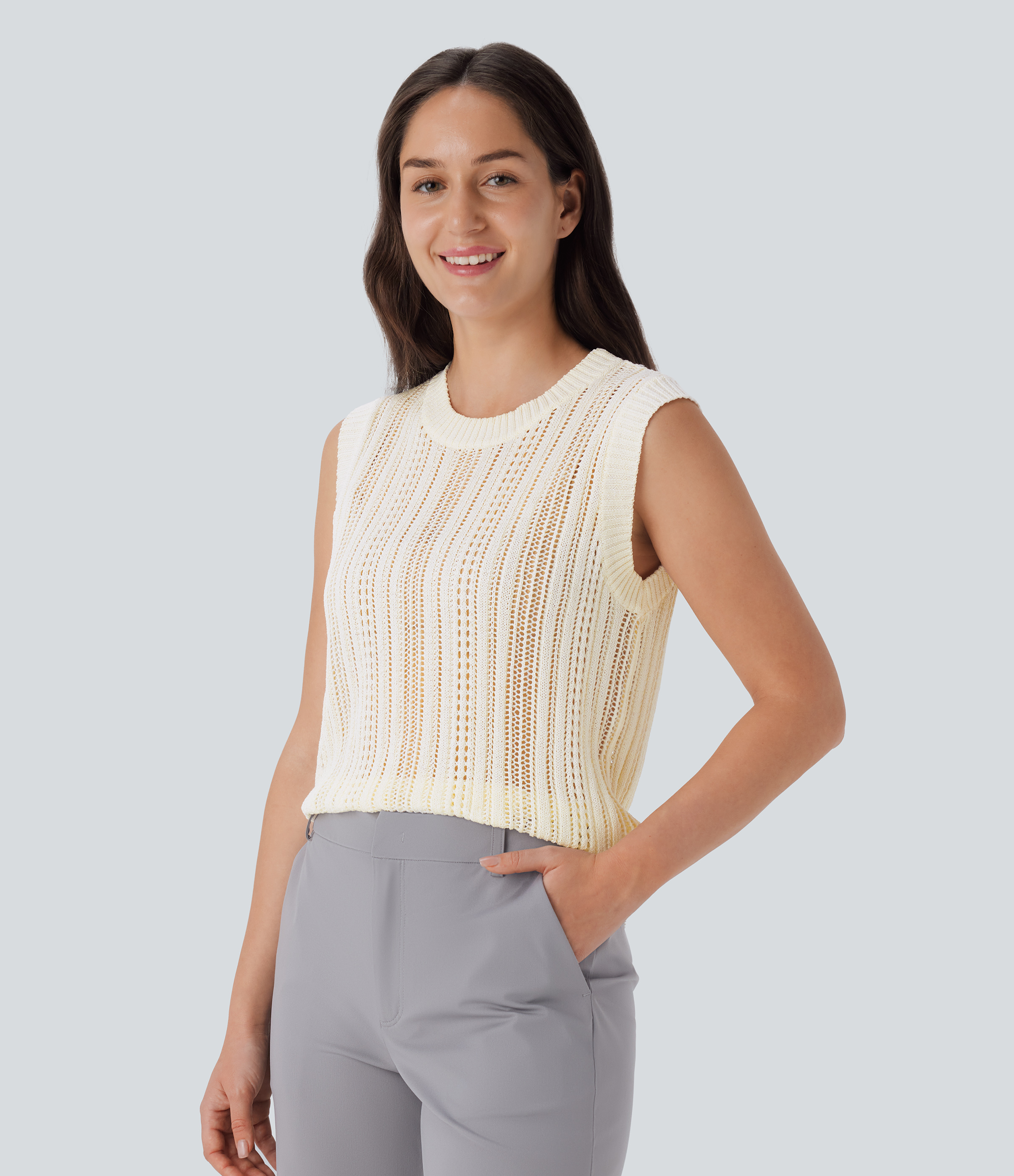 Halara Round Neck Crochet Knit Work Sweater Vest  - Birch - S 