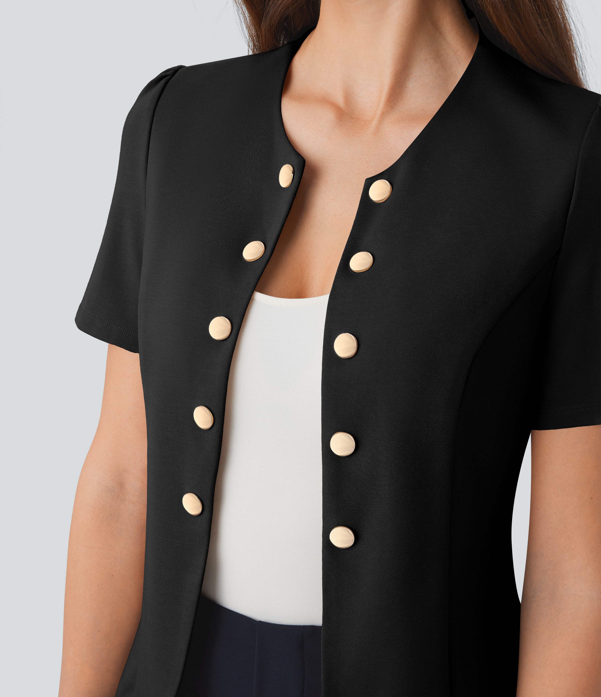 Halara Round Neck Short Sleeve Decorative Button Slim Work Jacket  - Black - L 