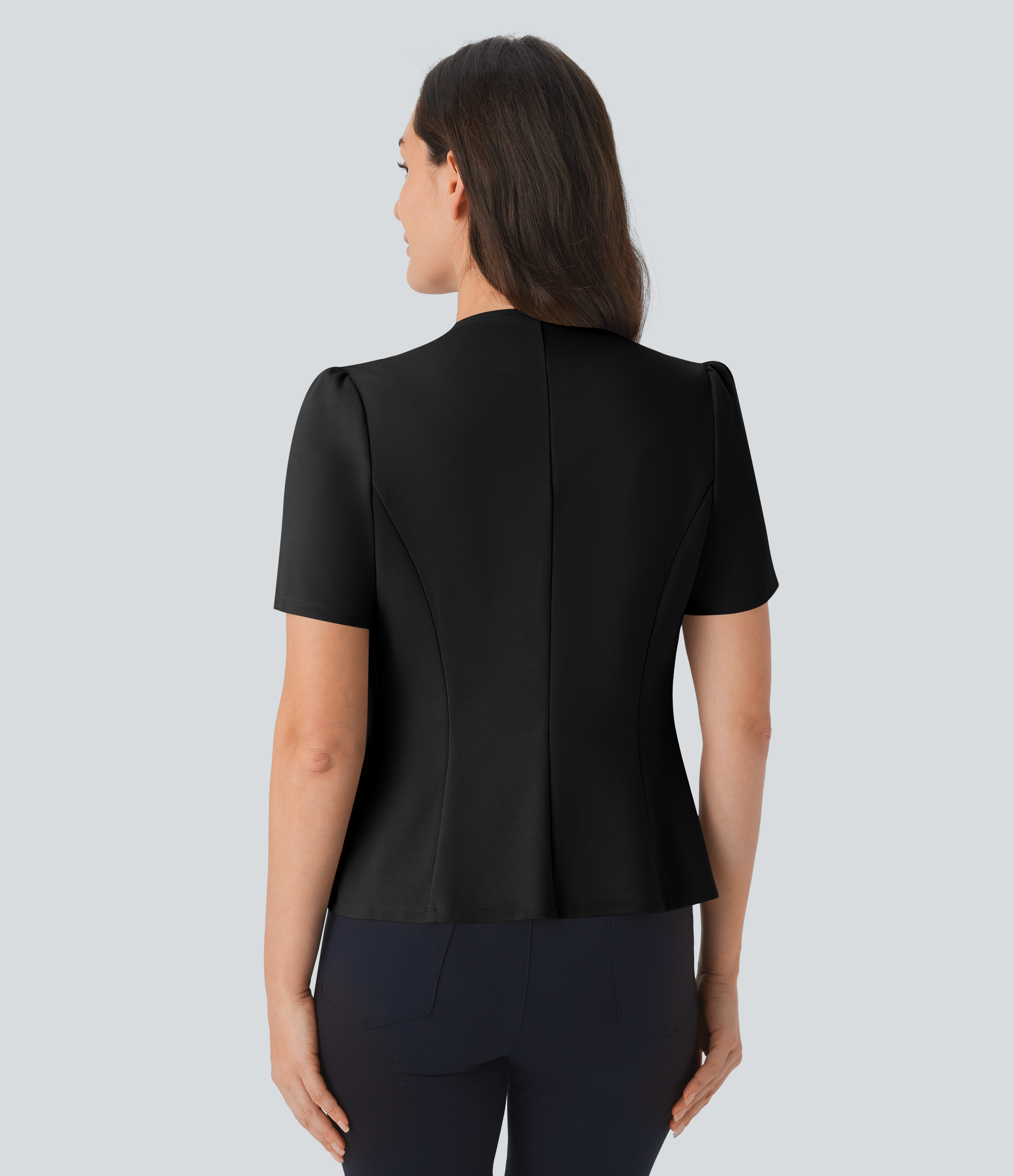 Halara Round Neck Short Sleeve Decorative Button Slim Work Jacket  - Black - L 