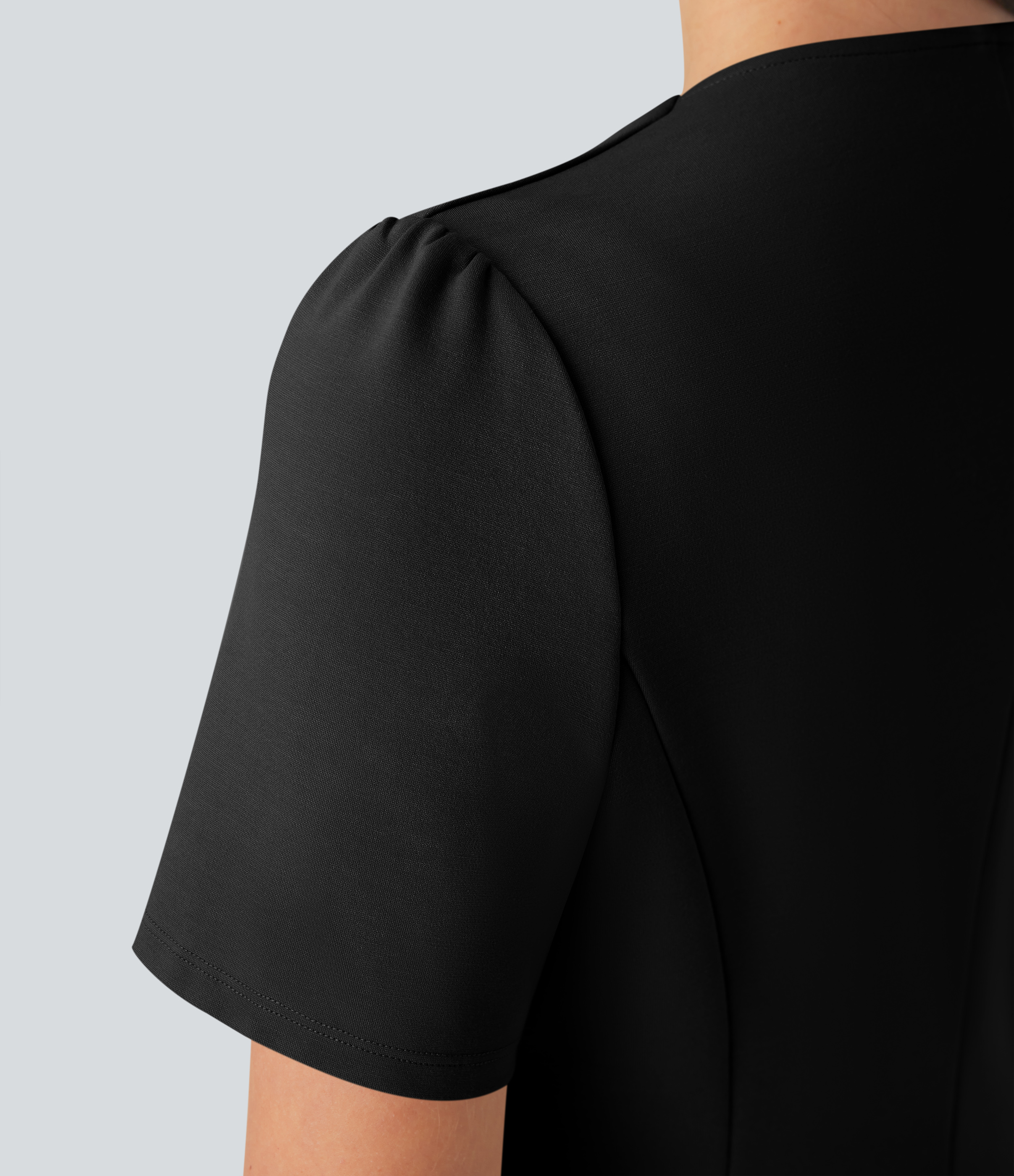 Halara Round Neck Short Sleeve Decorative Button Slim Work Jacket  - Black - L 