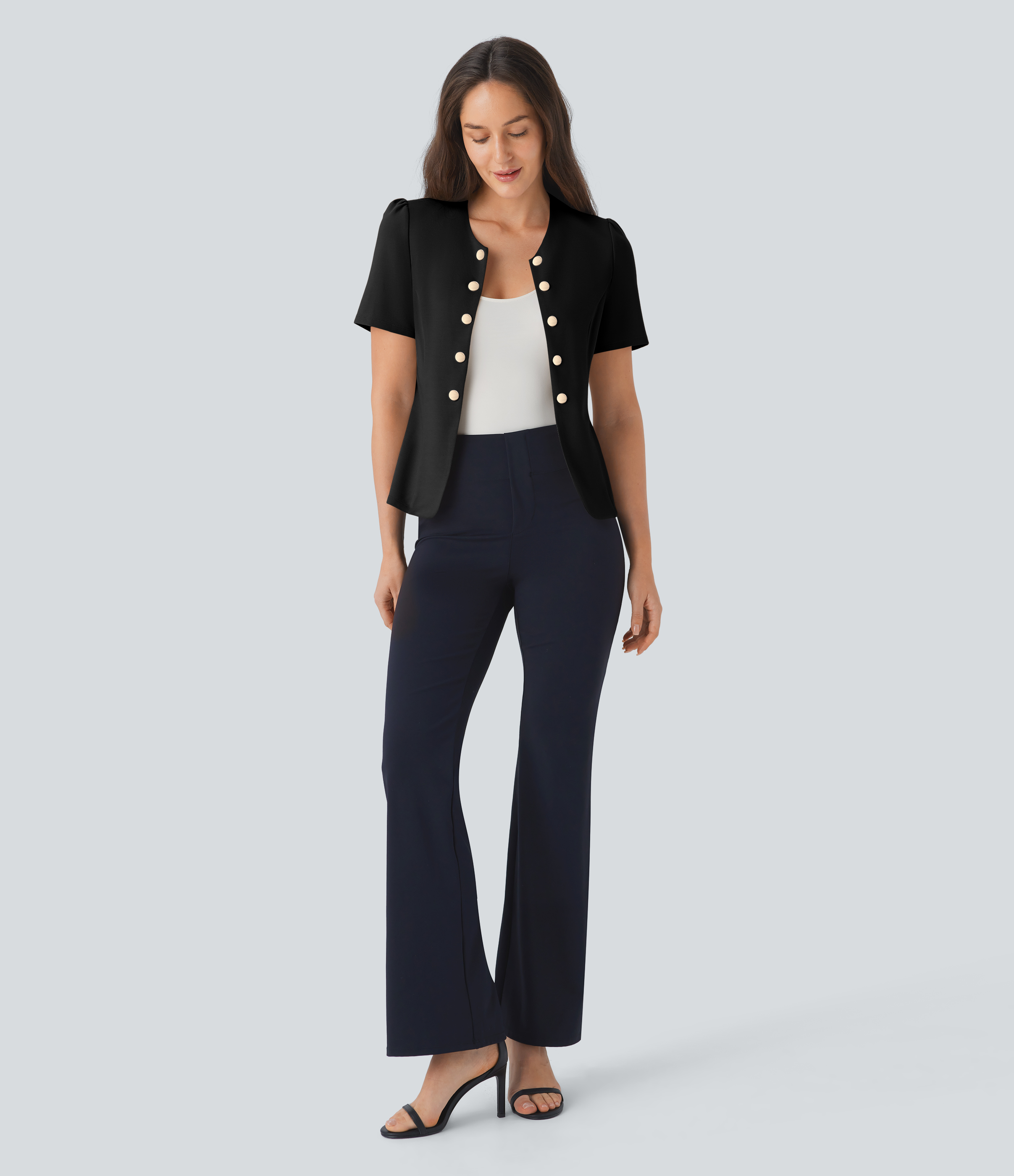 Halara Round Neck Short Sleeve Decorative Button Slim Work Jacket  - Black - L 