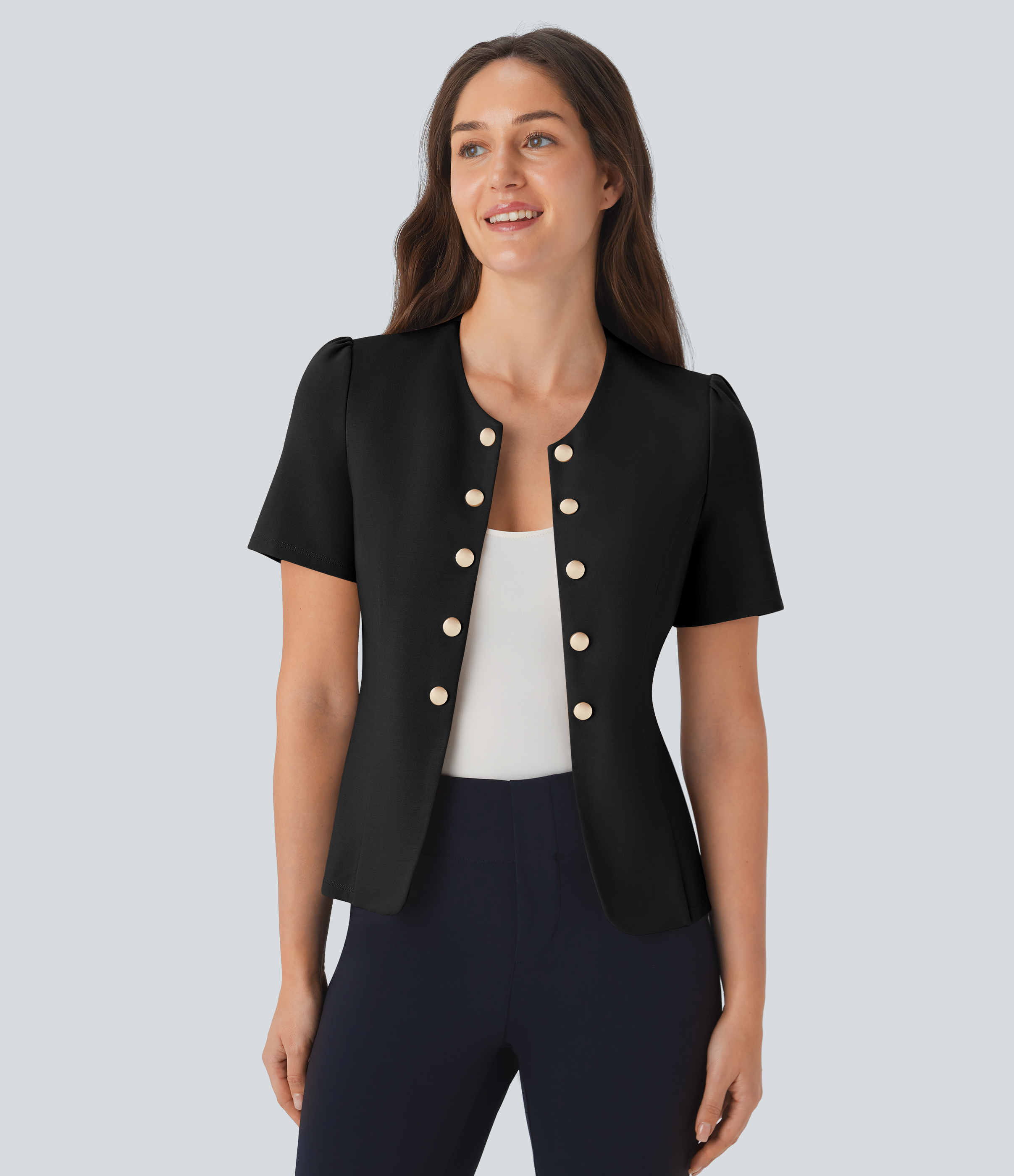 Halara Round Neck Short Sleeve Decorative Button Slim Work Jacket  - Black - L 