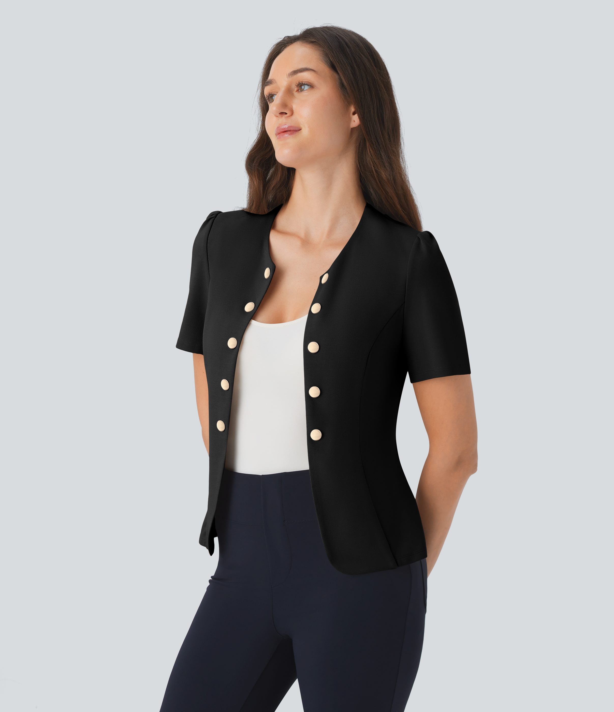 Halara Round Neck Short Sleeve Decorative Button Slim Work Jacket  - Black - L 