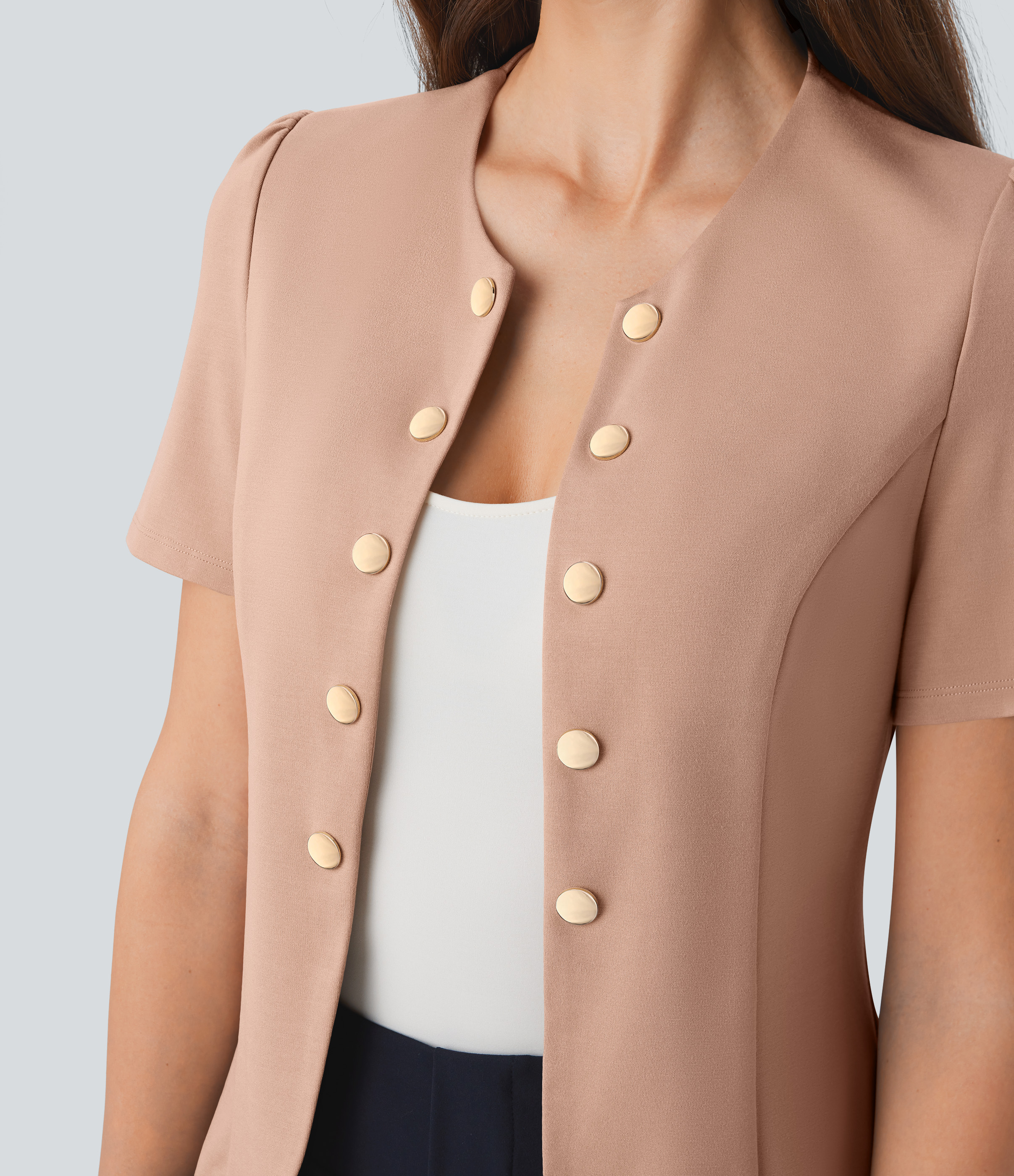 Halara Round Neck Short Sleeve Decorative Button Slim Work Jacket  - Tan - L 