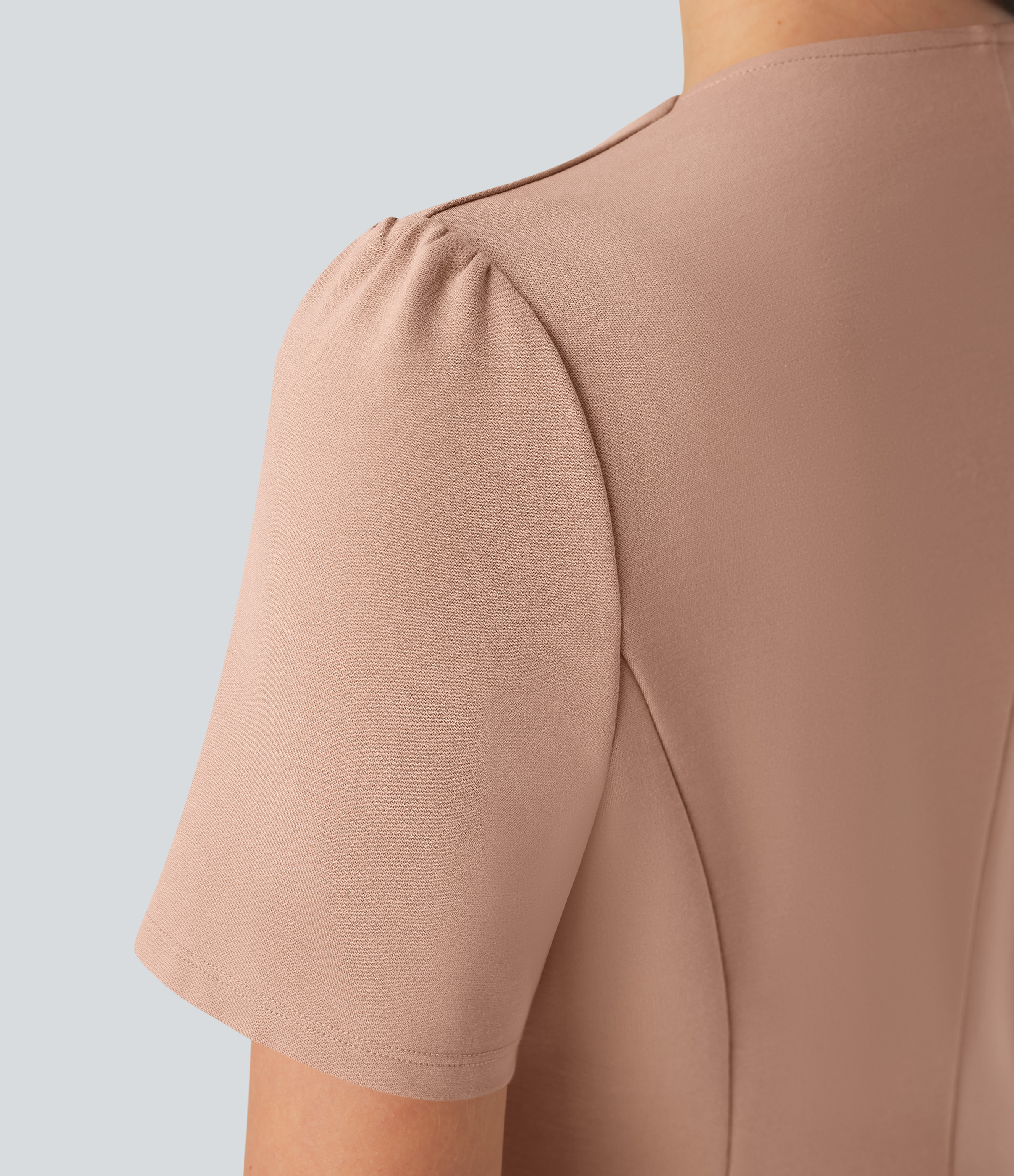 Halara Round Neck Short Sleeve Decorative Button Slim Work Jacket  - Tan - L 