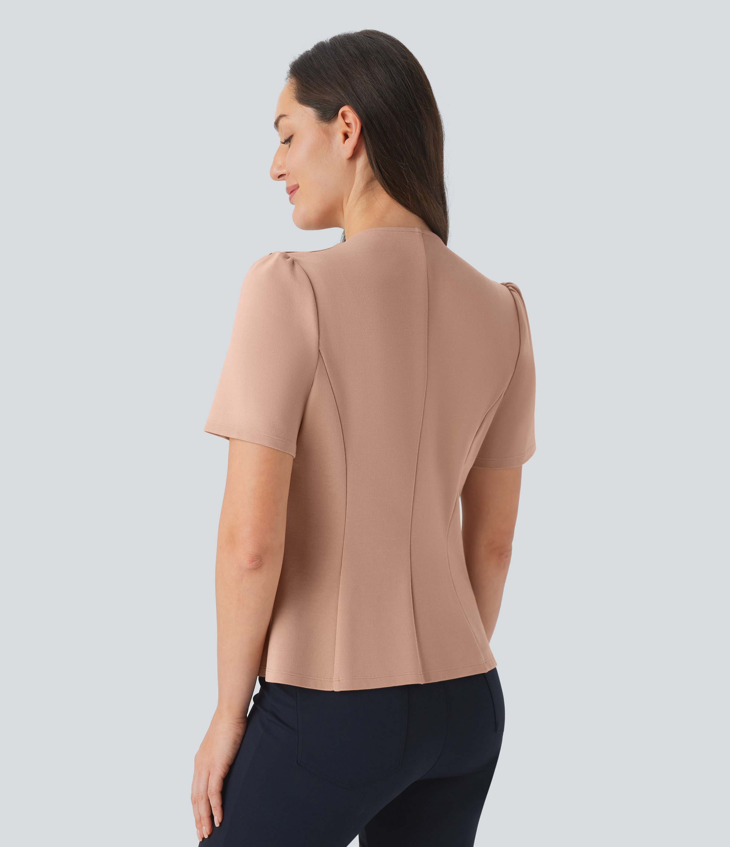 Halara Round Neck Short Sleeve Decorative Button Slim Work Jacket  - Tan - L 