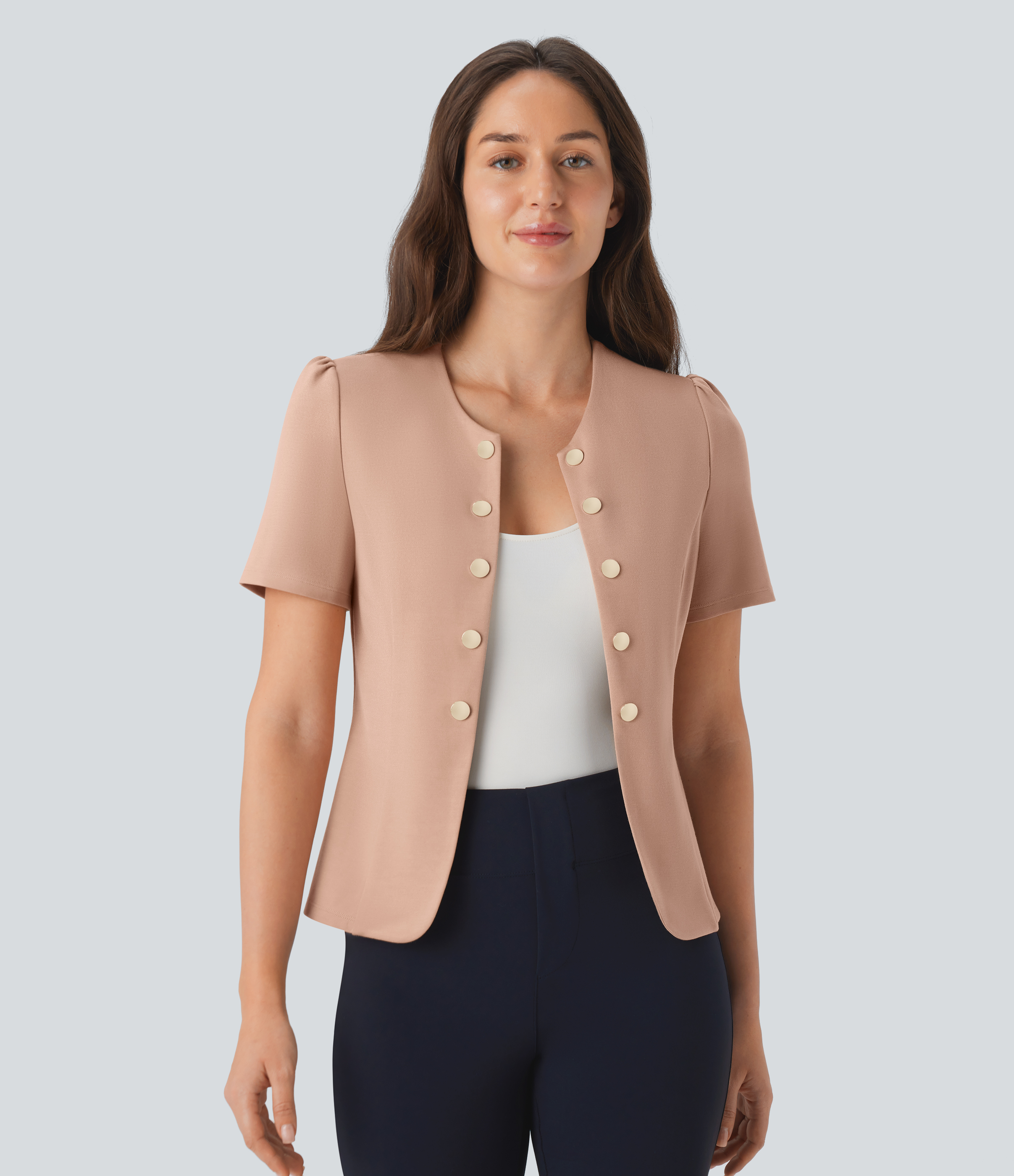 Halara Round Neck Short Sleeve Decorative Button Slim Work Jacket  - Tan - L 