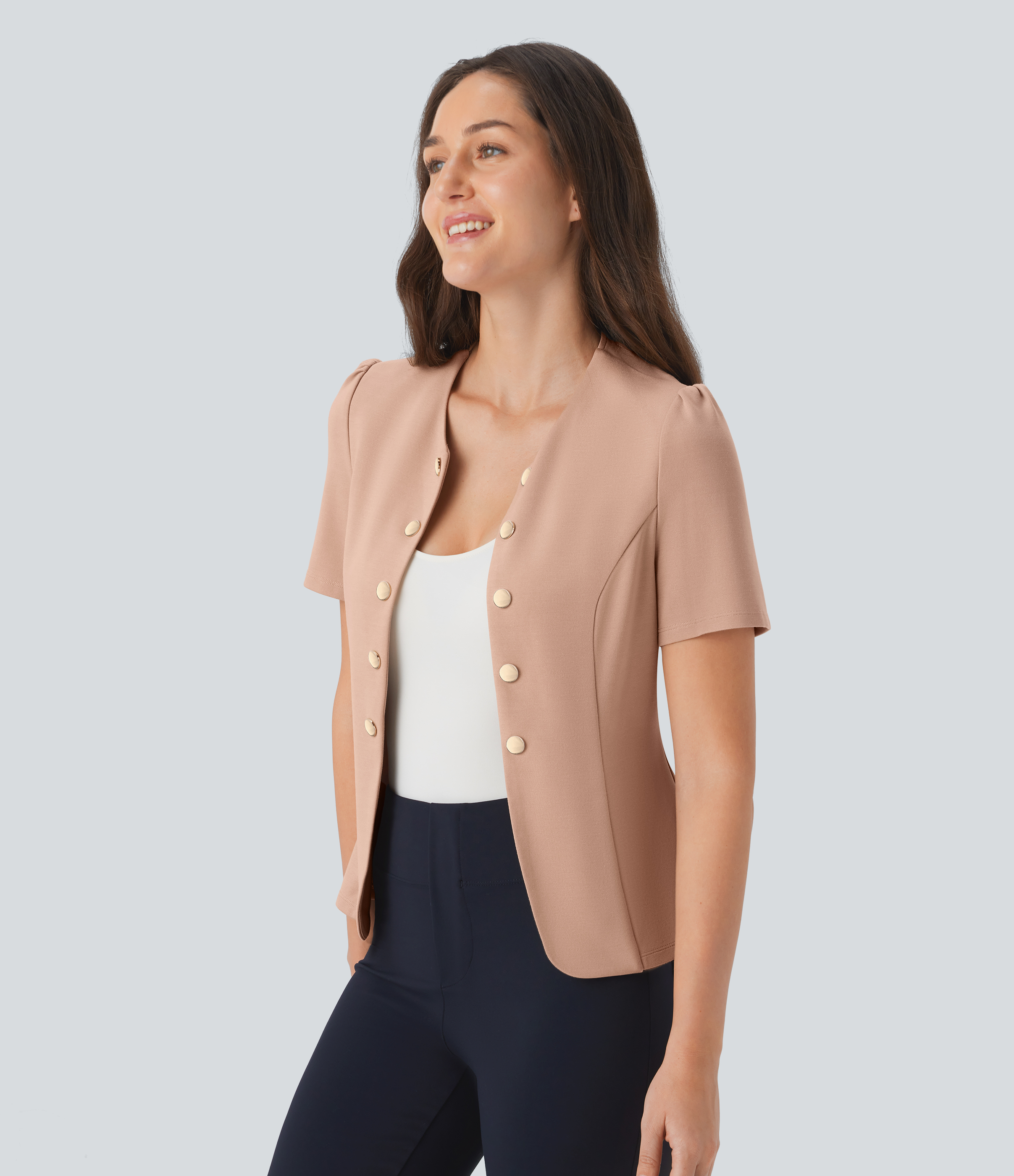 Halara Round Neck Short Sleeve Decorative Button Slim Work Jacket  - Tan - L 